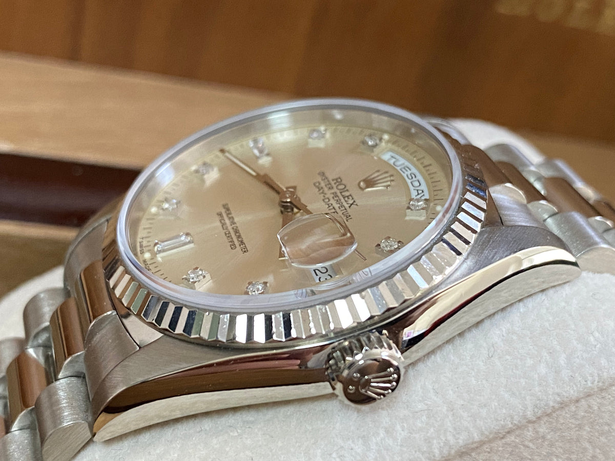 Rolex White Gold Day-Date 36 - E serial - Fluted Bezel - Factory Diamond Dial - President Bracelet - 18239