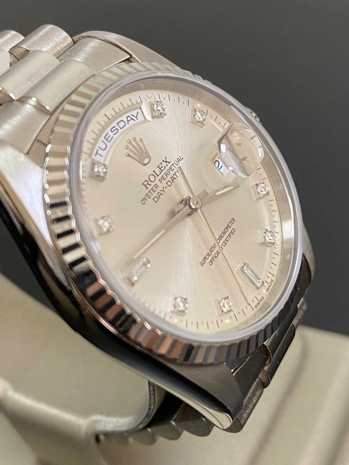 Rolex White Gold Day-Date 36 - E serial - Fluted Bezel - Factory Diamond Dial - President Bracelet - 18239