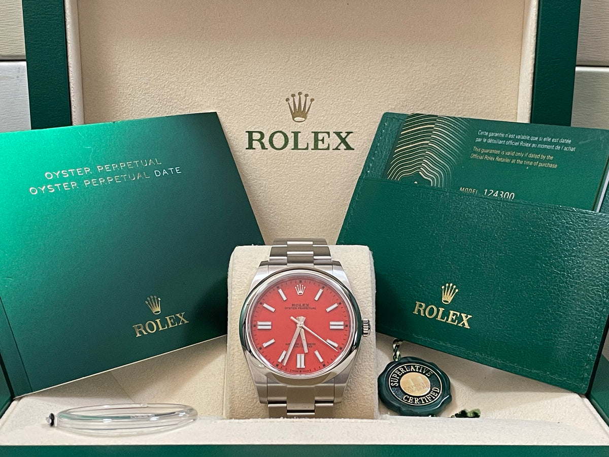 Rolex Oyster Perpetual 41 - 2021 - Domed Bezel - Coral Red Dial - Oyster Bracelet - 124300 Discontinued Model