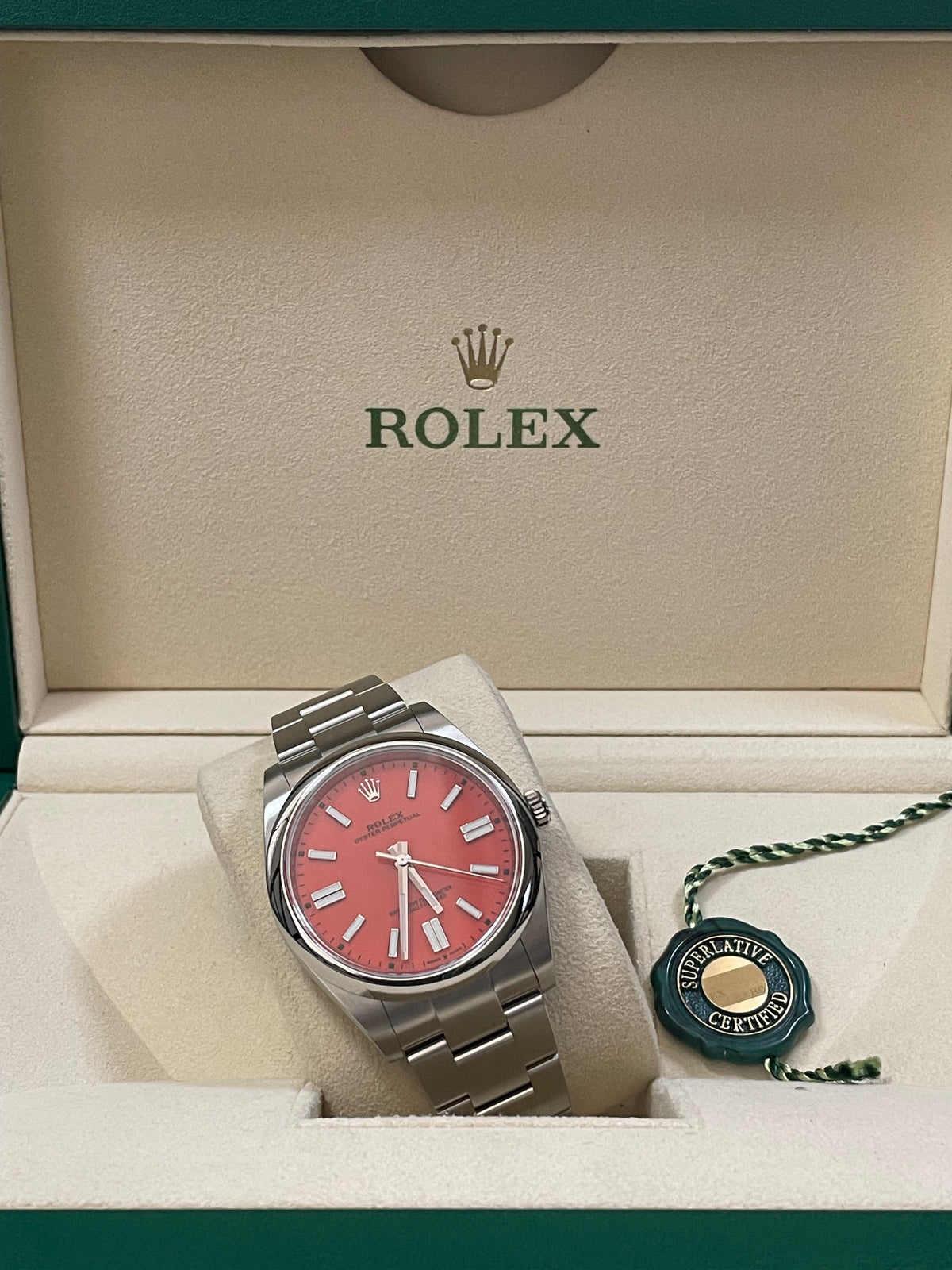 Rolex Oyster Perpetual 41 - 2021 - Domed Bezel - Coral Red Dial - Oyster Bracelet - 124300 Discontinued Model