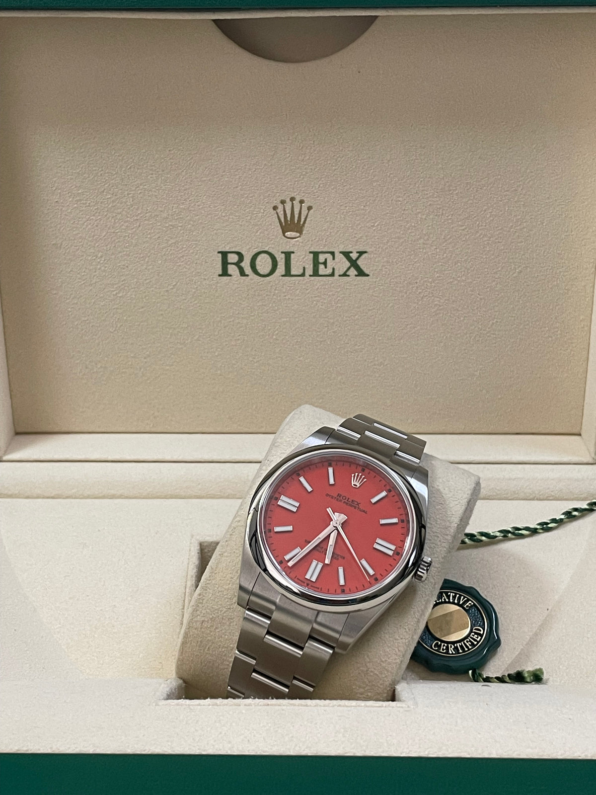 Rolex Oyster Perpetual 41 - 2021 - Domed Bezel - Coral Red Dial - Oyster Bracelet - 124300 Discontinued Model