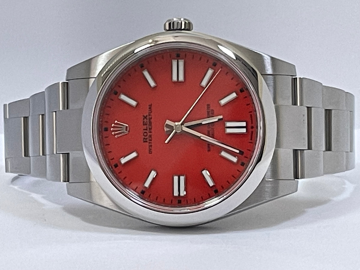 Rolex Oyster Perpetual 41 - 2021 - Domed Bezel - Coral Red Dial - Oyster Bracelet - 124300 Discontinued Model