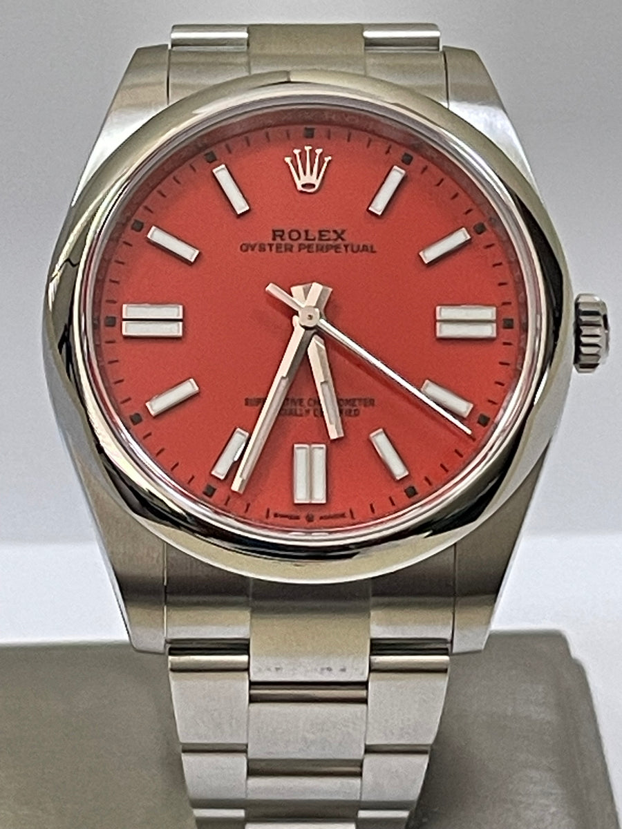 Rolex Oyster Perpetual 41 - 2021 - Domed Bezel - Coral Red Dial - Oyster Bracelet - 124300 Discontinued Model