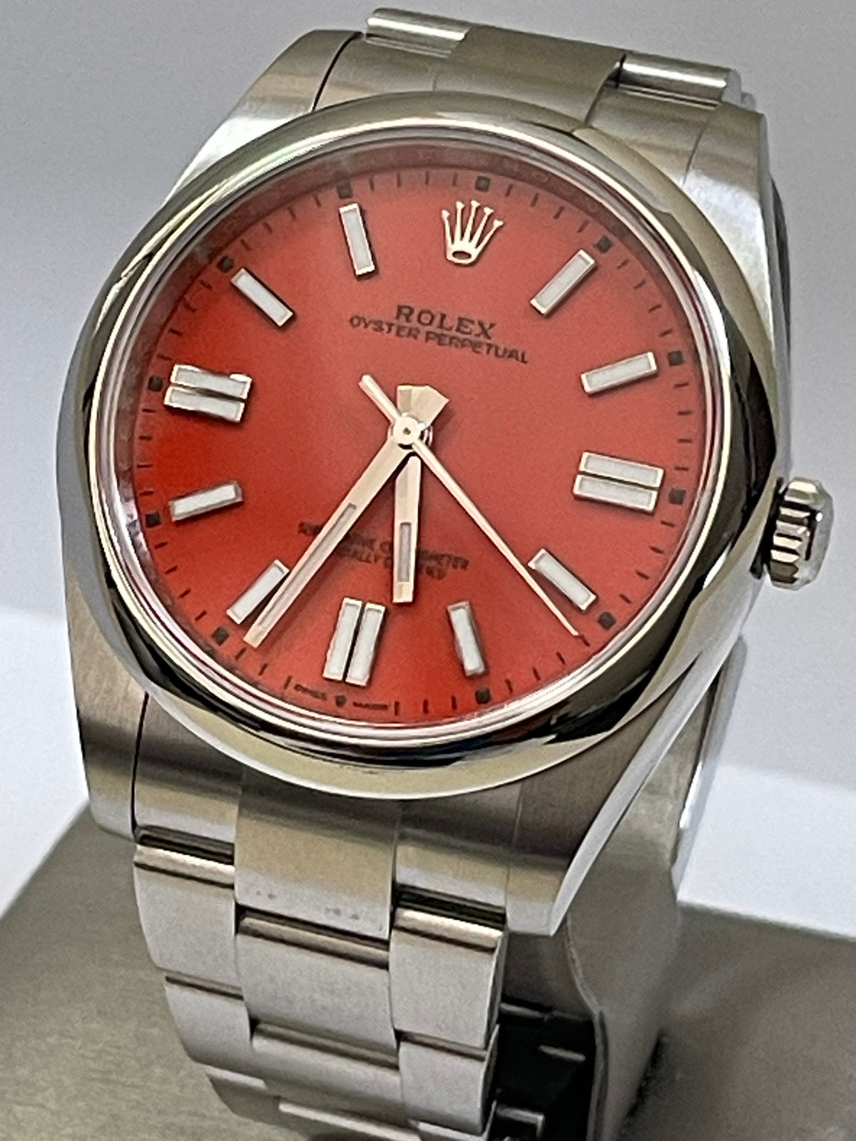 Rolex Oyster Perpetual 41 - 2021 - Domed Bezel - Coral Red Dial - Oyster Bracelet - 124300 Discontinued Model