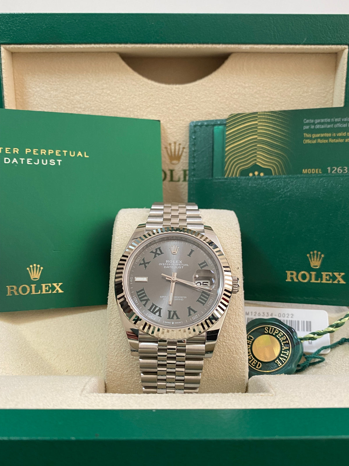 Rolex Steel and White Gold Datejust 41 - 2024 - Fluted Bezel - "Wimbledon" Dial - Jubilee Bracelet - 126334 *FULL SET*