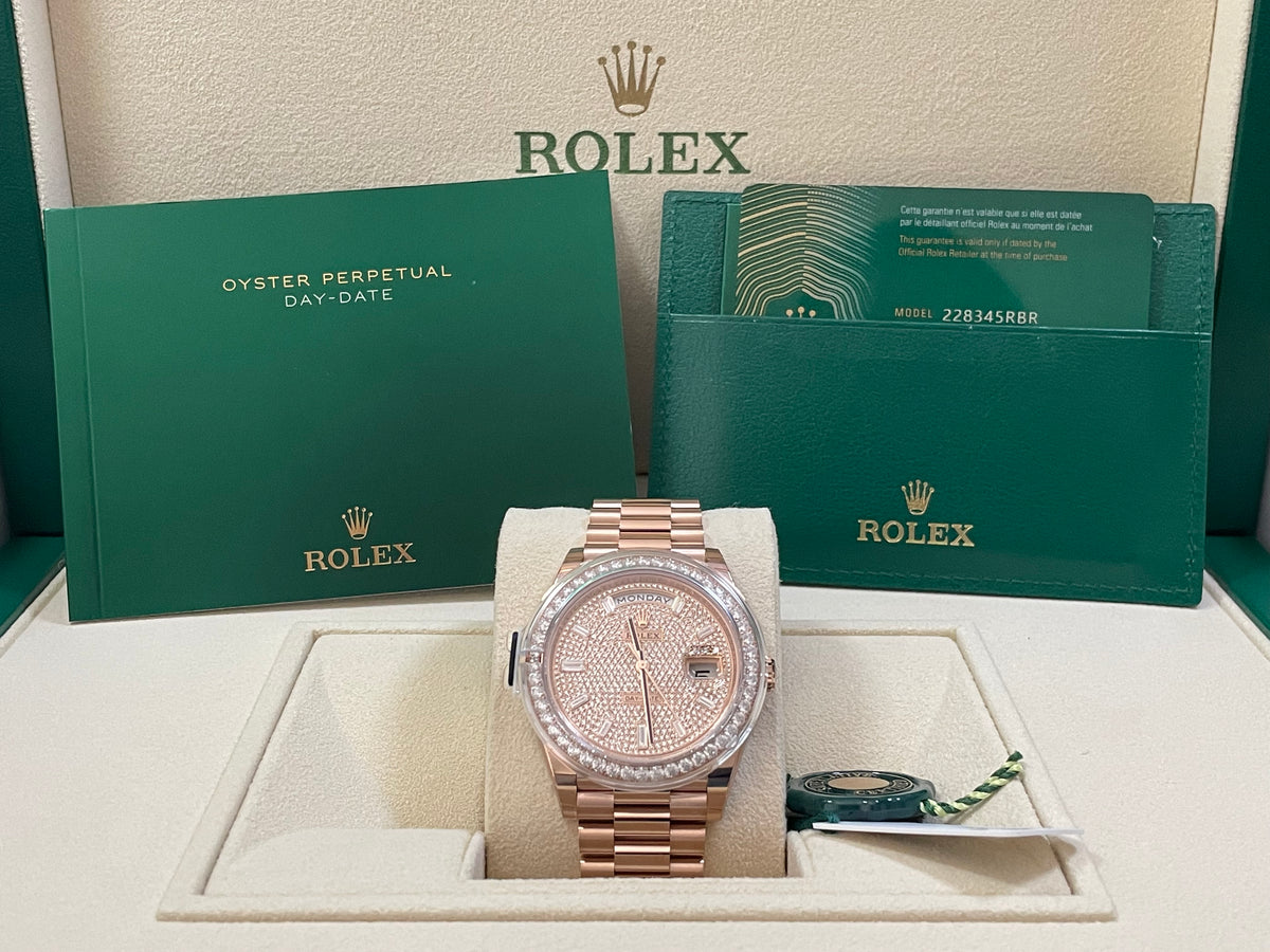 Rolex Everose Gold Day-Date 40 - 2023 - Diamond-Set Bezel - Diamond Paved Dial - President Bracelet - 228345RBR