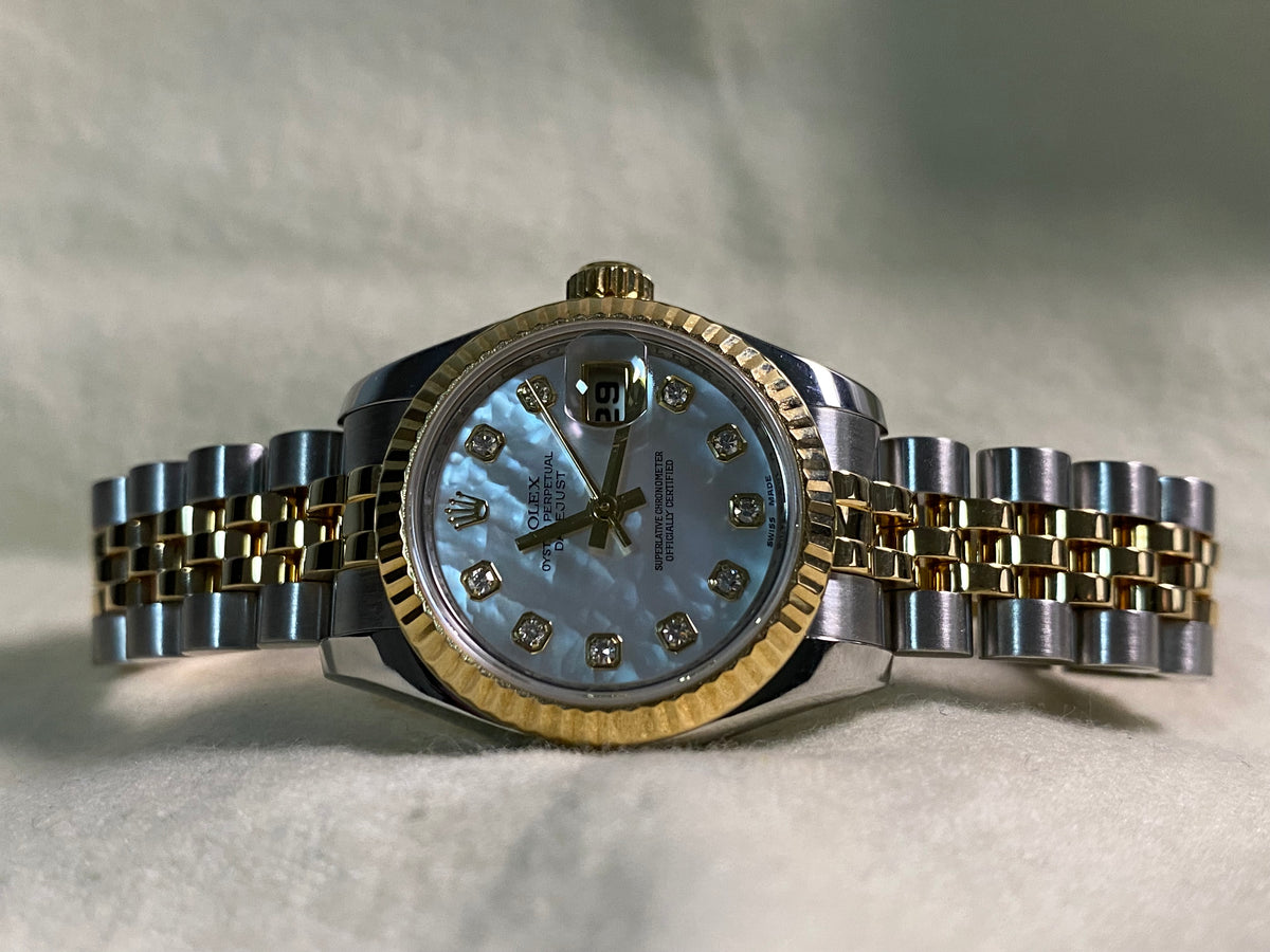 Rolex Yellow Gold and Steel Lady-Datejust - 2008 - Fluted Bezel - Mother-of-Pearl Diamond Dial - Jubilee Bracelet - 179173 *FULL SET*