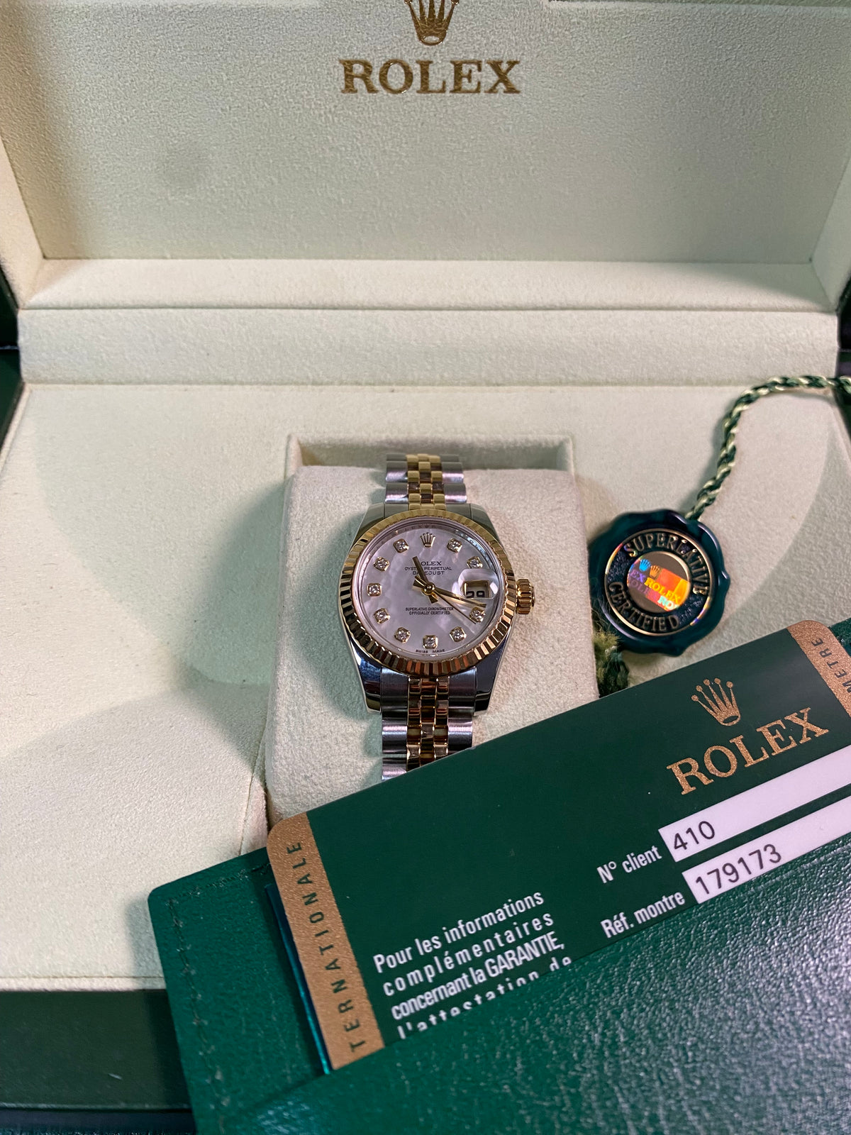 Rolex Yellow Gold and Steel Lady-Datejust - 2008 - Fluted Bezel - Mother-of-Pearl Diamond Dial - Jubilee Bracelet - 179173 *FULL SET*