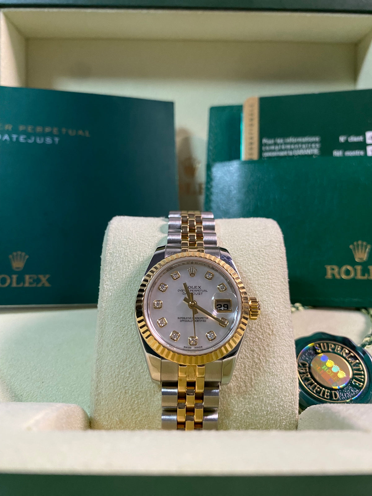 Rolex Yellow Gold and Steel Lady-Datejust - 2008 - Fluted Bezel - Mother-of-Pearl Diamond Dial - Jubilee Bracelet - 179173 *FULL SET*