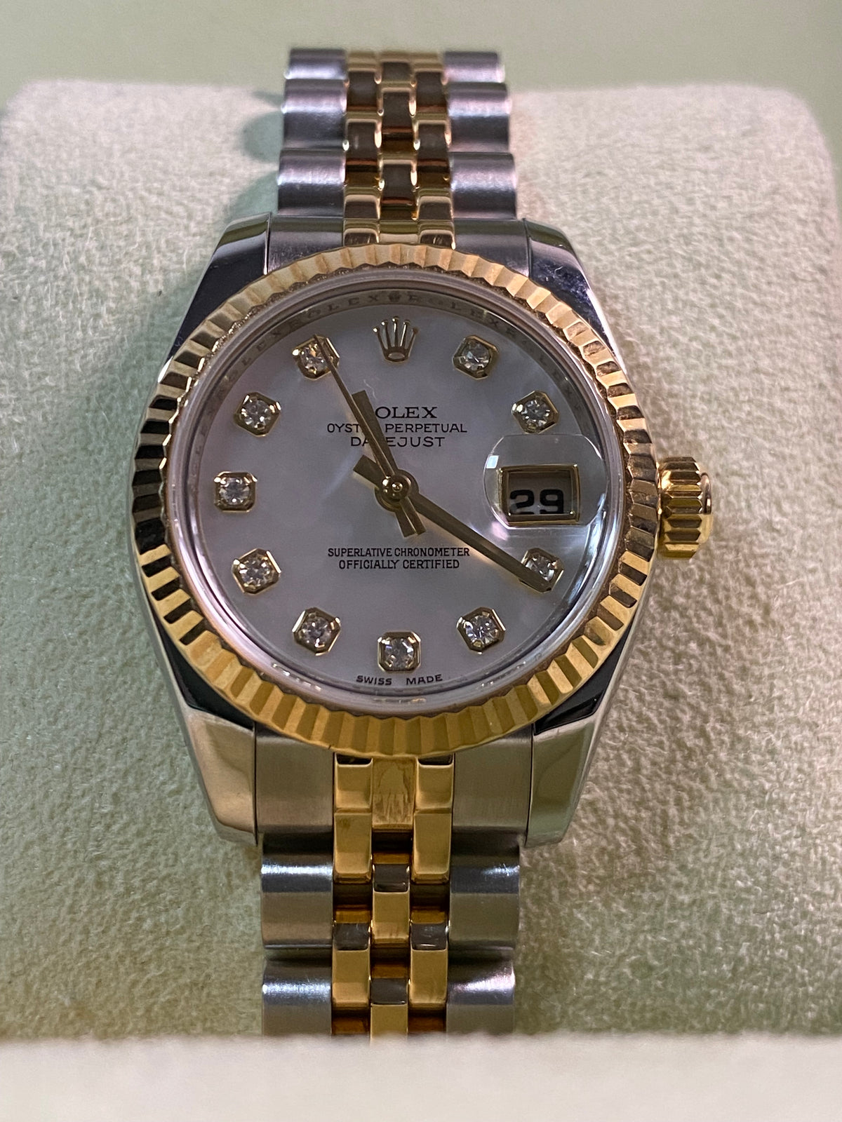 Rolex Yellow Gold and Steel Lady-Datejust - 2008 - Fluted Bezel - Mother-of-Pearl Diamond Dial - Jubilee Bracelet - 179173 *FULL SET*