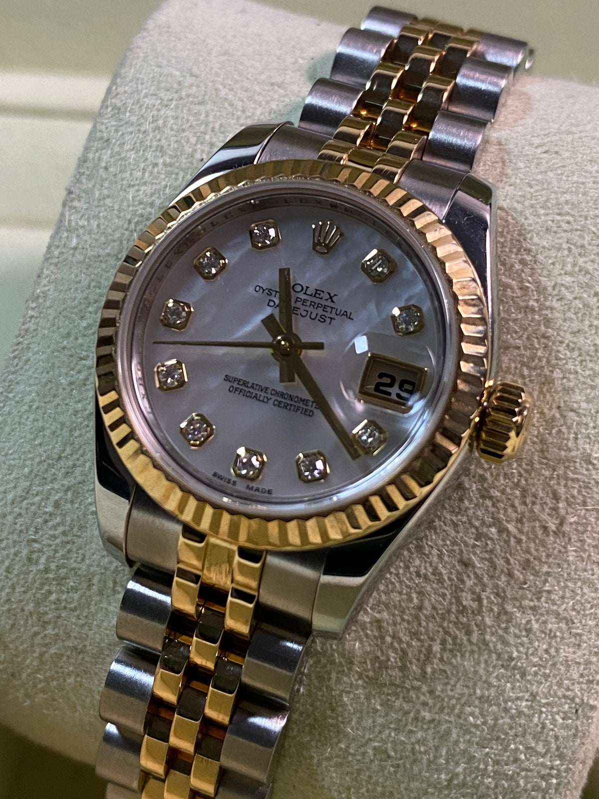 Rolex Yellow Gold and Steel Lady-Datejust - 2008 - Fluted Bezel - Mother-of-Pearl Diamond Dial - Jubilee Bracelet - 179173 *FULL SET*