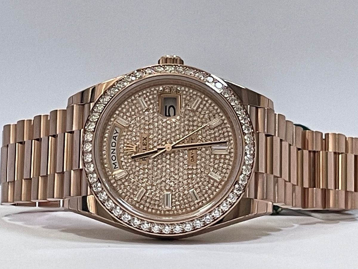 Rolex Everose Gold Day-Date 40 - 2023 - Diamond-Set Bezel - Diamond Paved Dial - President Bracelet - 228345RBR