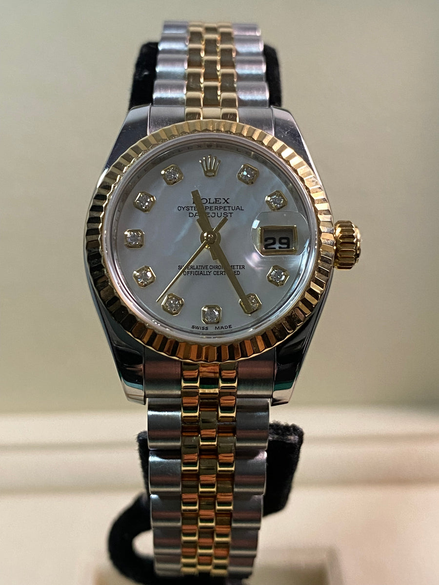 Rolex Yellow Gold and Steel Lady-Datejust - 2008 - Fluted Bezel - Mother-of-Pearl Diamond Dial - Jubilee Bracelet - 179173 *FULL SET*