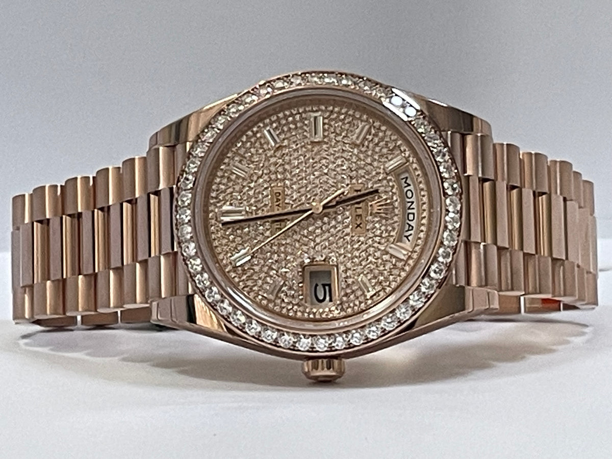 Rolex Everose Gold Day-Date 40 - 2023 - Diamond-Set Bezel - Diamond Paved Dial - President Bracelet - 228345RBR