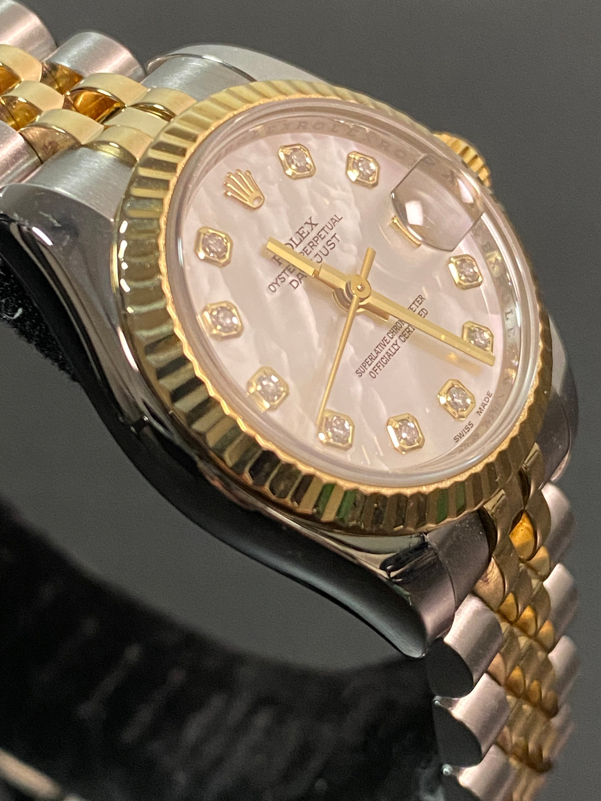 Rolex Yellow Gold and Steel Lady-Datejust - 2008 - Fluted Bezel - Mother-of-Pearl Diamond Dial - Jubilee Bracelet - 179173 *FULL SET*