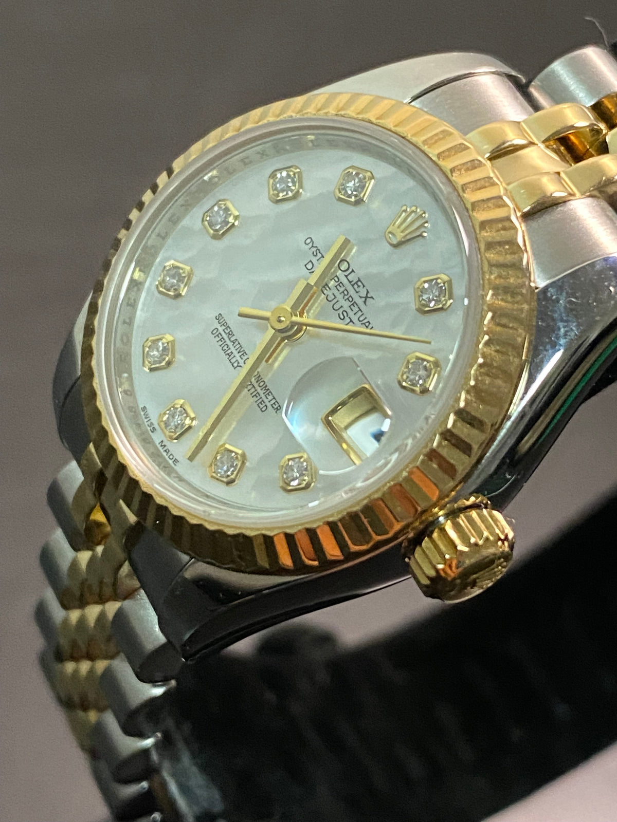 Rolex Yellow Gold and Steel Lady-Datejust - 2008 - Fluted Bezel - Mother-of-Pearl Diamond Dial - Jubilee Bracelet - 179173 *FULL SET*