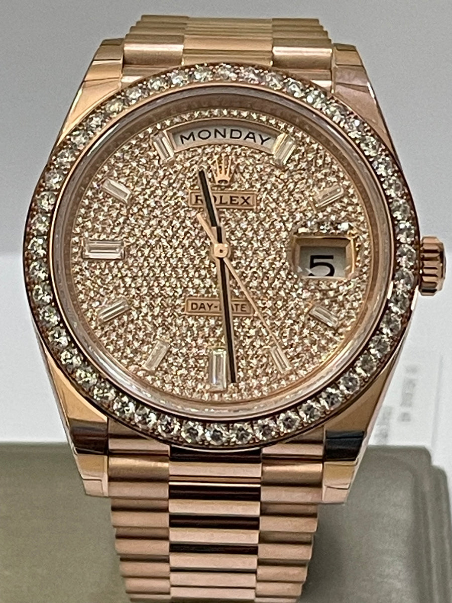 Rolex Everose Gold Day-Date 40 - 2023 - Diamond-Set Bezel - Diamond Paved Dial - President Bracelet - 228345RBR