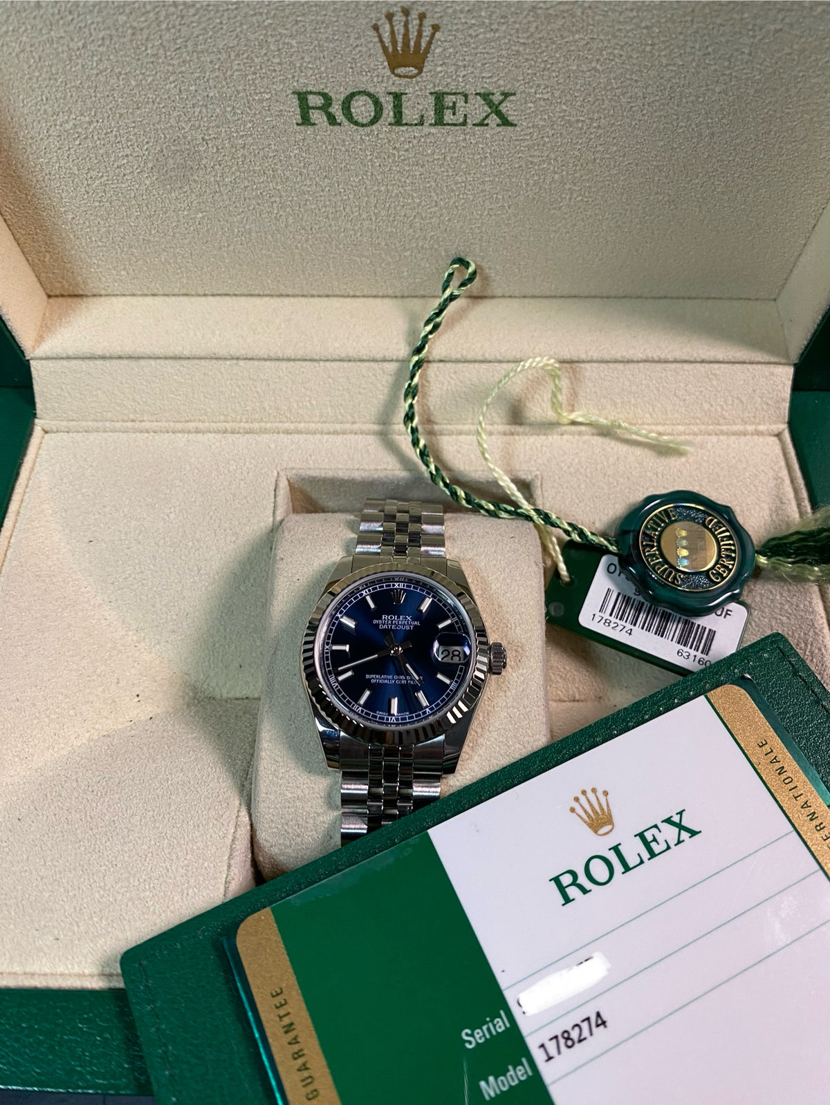 Rolex Steel Datejust 31 - 2016 - Fluted Bezel - Blue Index Dial - Jubilee Bracelet - 178274 *FULL SET*