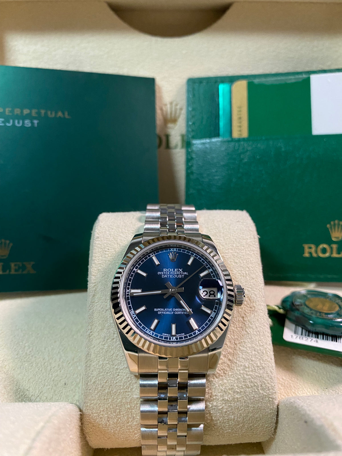 Rolex Steel Datejust 31 - 2016 - Fluted Bezel - Blue Index Dial - Jubilee Bracelet - 178274 *FULL SET*