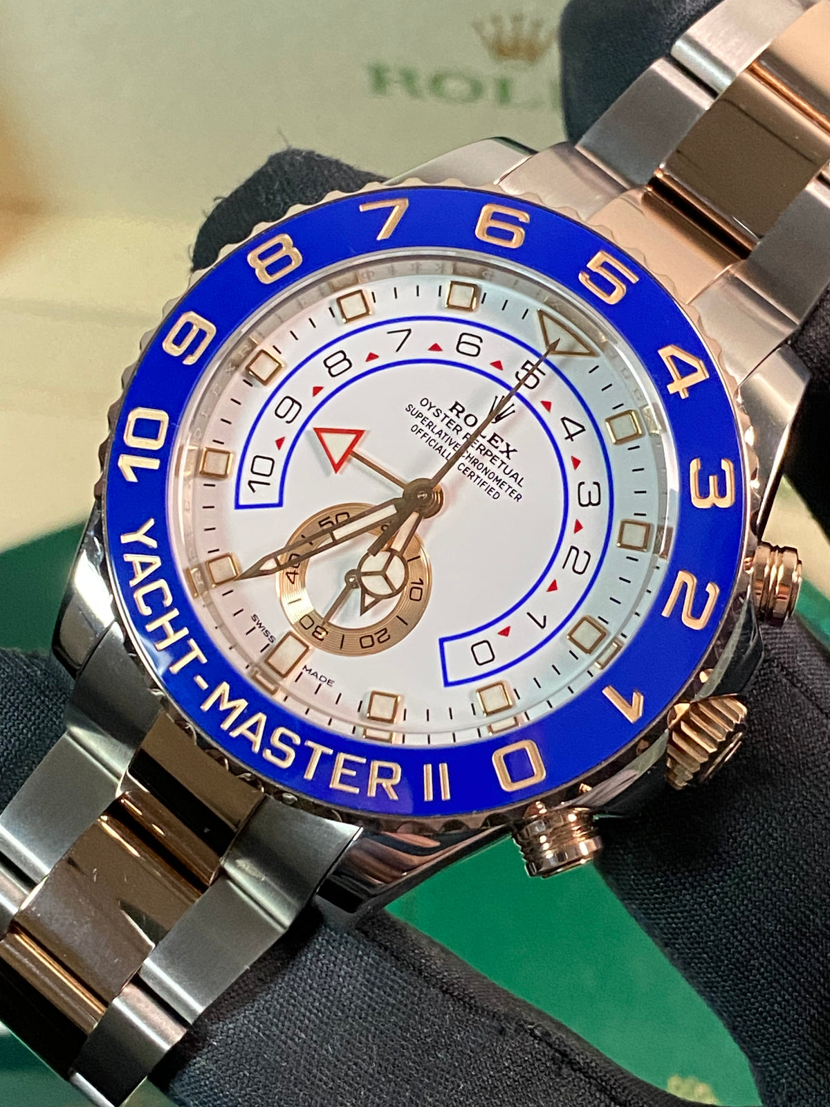 Rolex Steel and Everose Gold Yacht-Master II - 2020 - Blue Bezel - White Dial - 116681 *FULL SET*