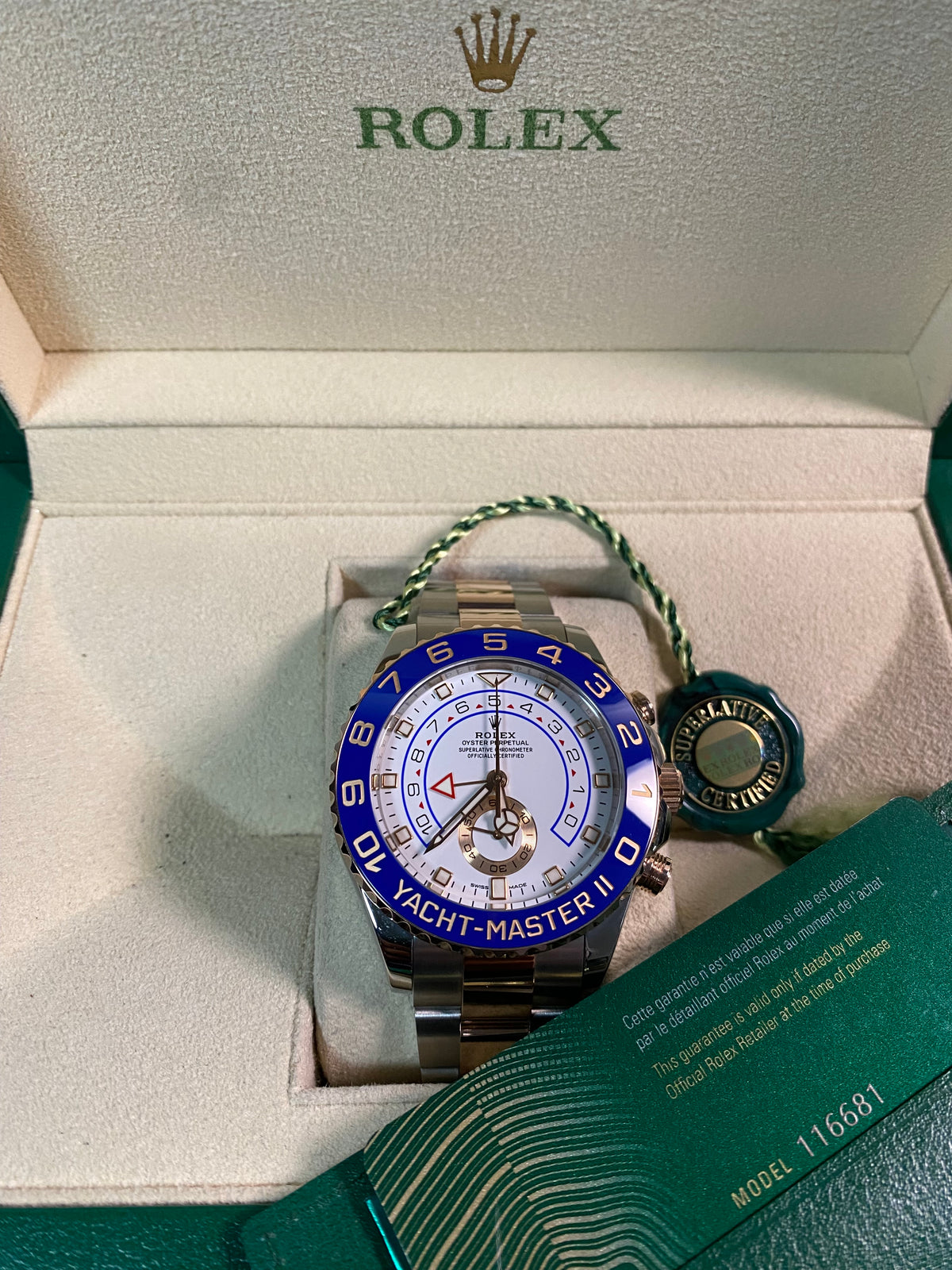 Rolex Steel and Everose Gold Yacht-Master II - 2020 - Blue Bezel - White Dial - 116681 *FULL SET*