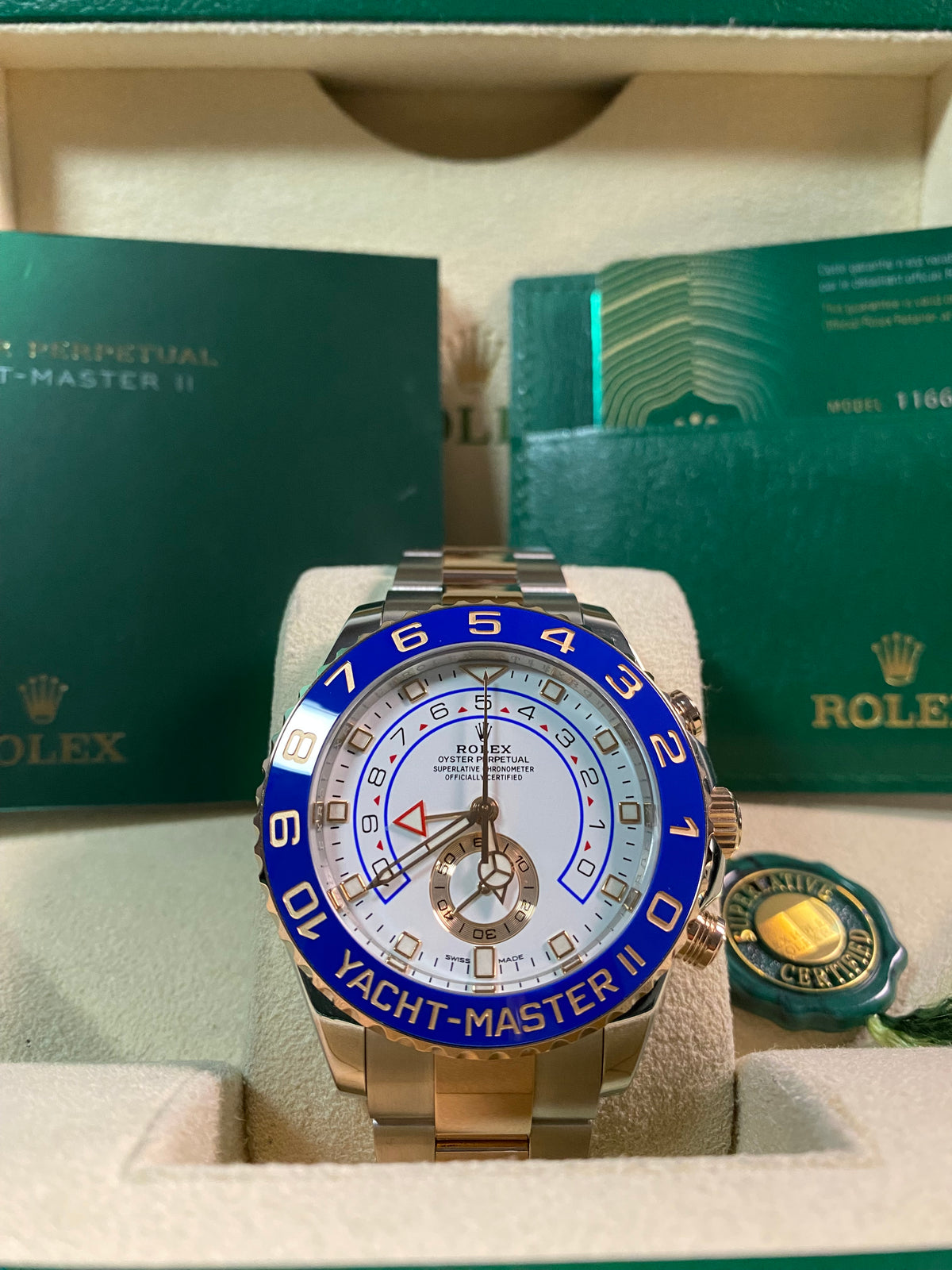 Rolex Steel and Everose Gold Yacht-Master II - 2020 - Blue Bezel - White Dial - 116681 *FULL SET*