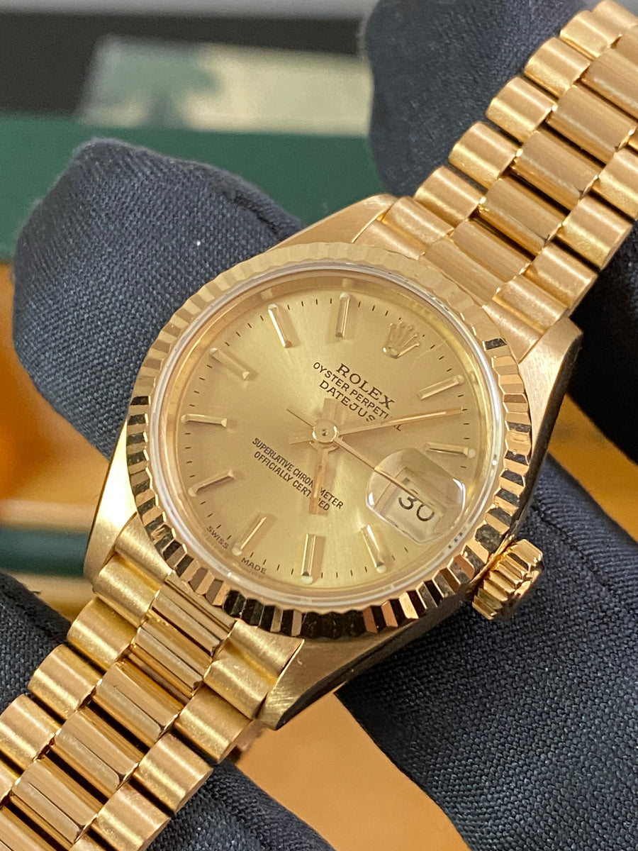 Rolex Yellow Gold Lady-Datejust - E serial - Fluted Bezel - Champagne Index Dial - President Bracelet - 69178