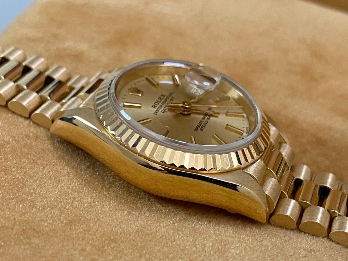 Rolex Yellow Gold Lady-Datejust - E serial - Fluted Bezel - Champagne Index Dial - President Bracelet - 69178