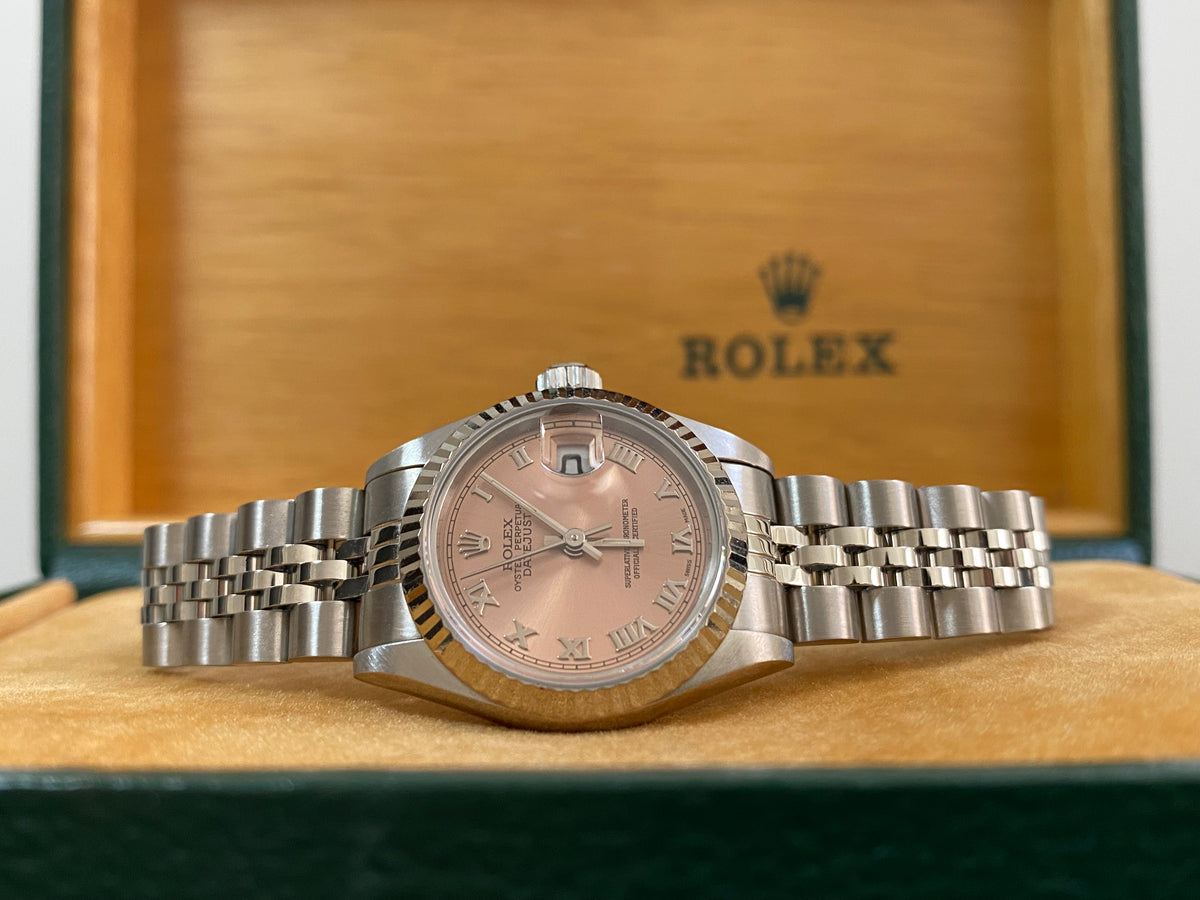 Rolex Steel Lady-Datejust - W serial- Fluted Bezel - Pink Roman Dial - Jubilee Bracelet - 69174 *COMPLETE SET*