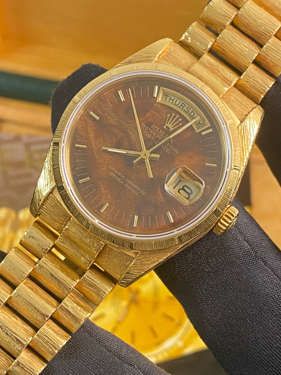 Rolex Yellow Gold Day-Date 36 - 1987 - Fluted Bezel - Wood Dial - Florentine Finish President Bracelet - 18038