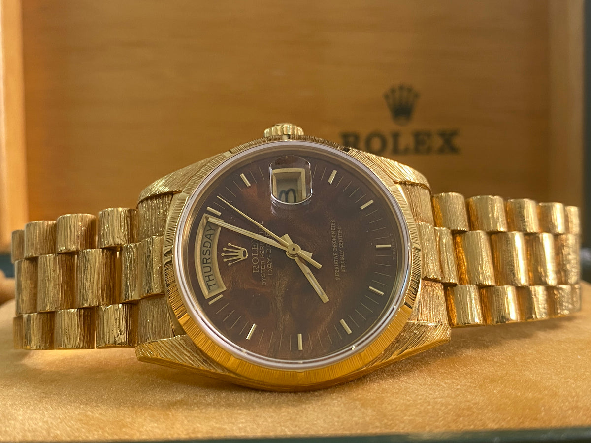 Rolex Yellow Gold Day-Date 36 - 1987 - Fluted Bezel - Wood Dial - Florentine Finish President Bracelet - 18038