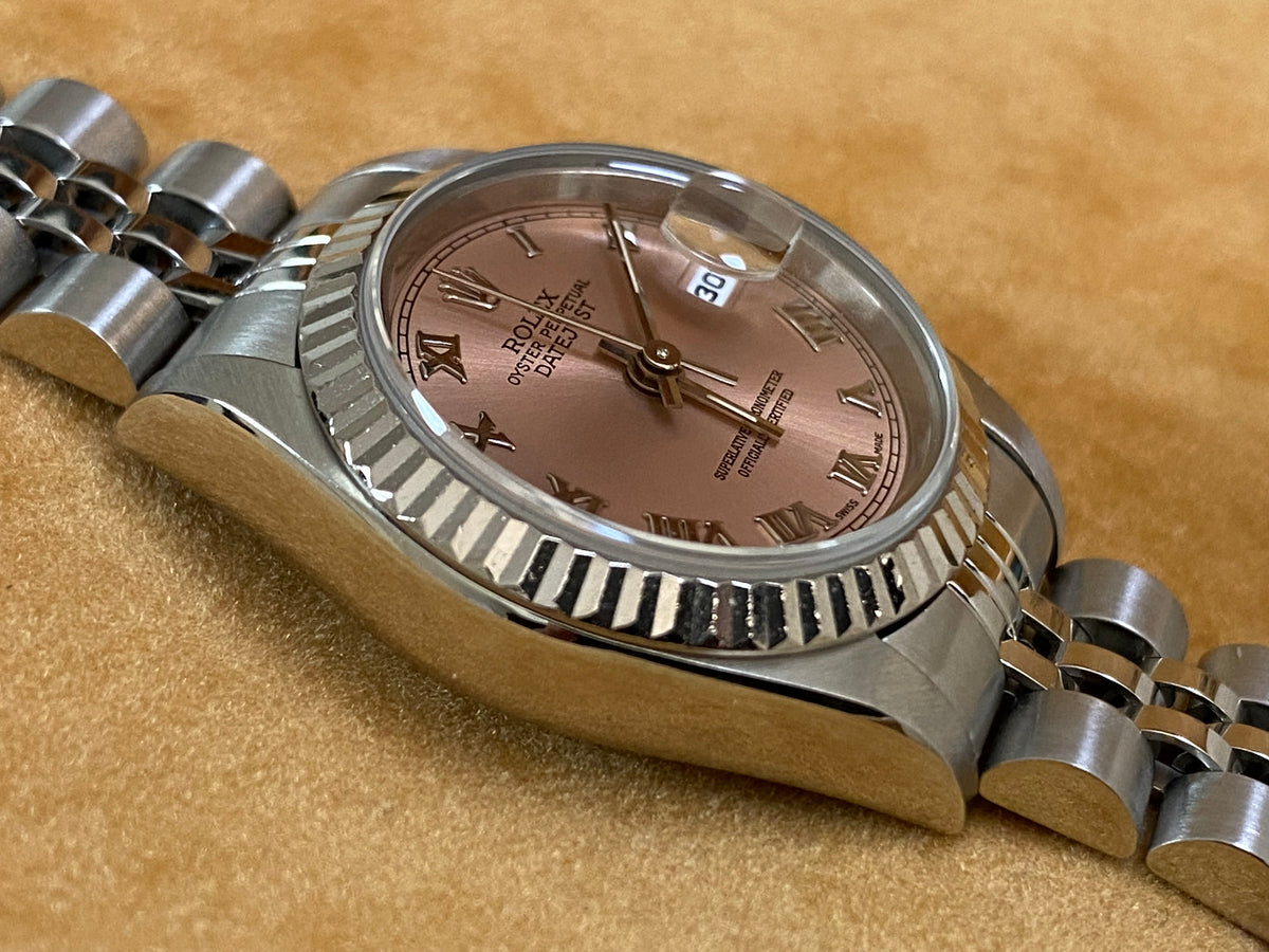 Rolex Steel Lady-Datejust - W serial- Fluted Bezel - Pink Roman Dial - Jubilee Bracelet - 69174 *COMPLETE SET*