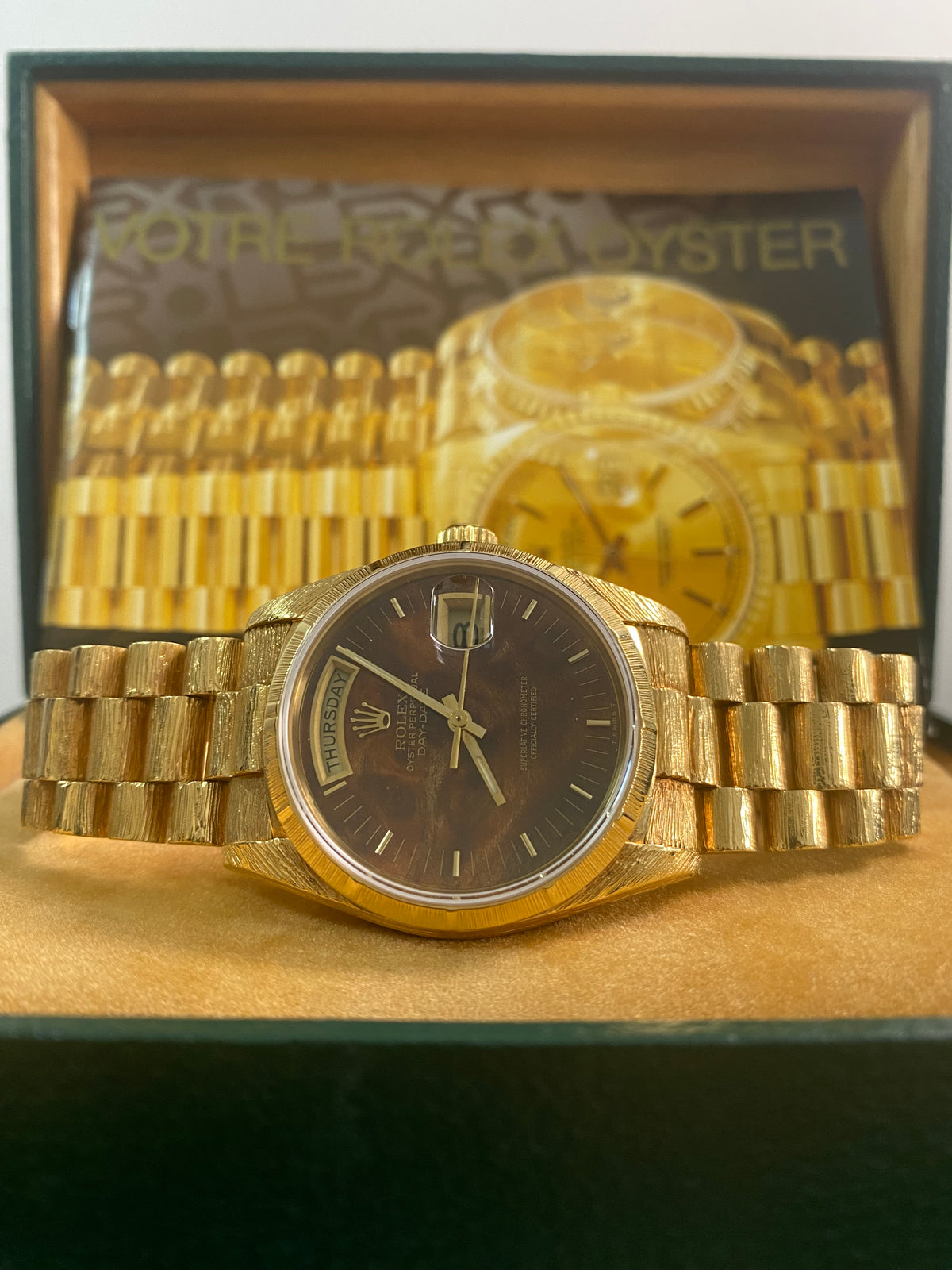 Rolex Yellow Gold Day-Date 36 - 1987 - Fluted Bezel - Wood Dial - Florentine Finish President Bracelet - 18038