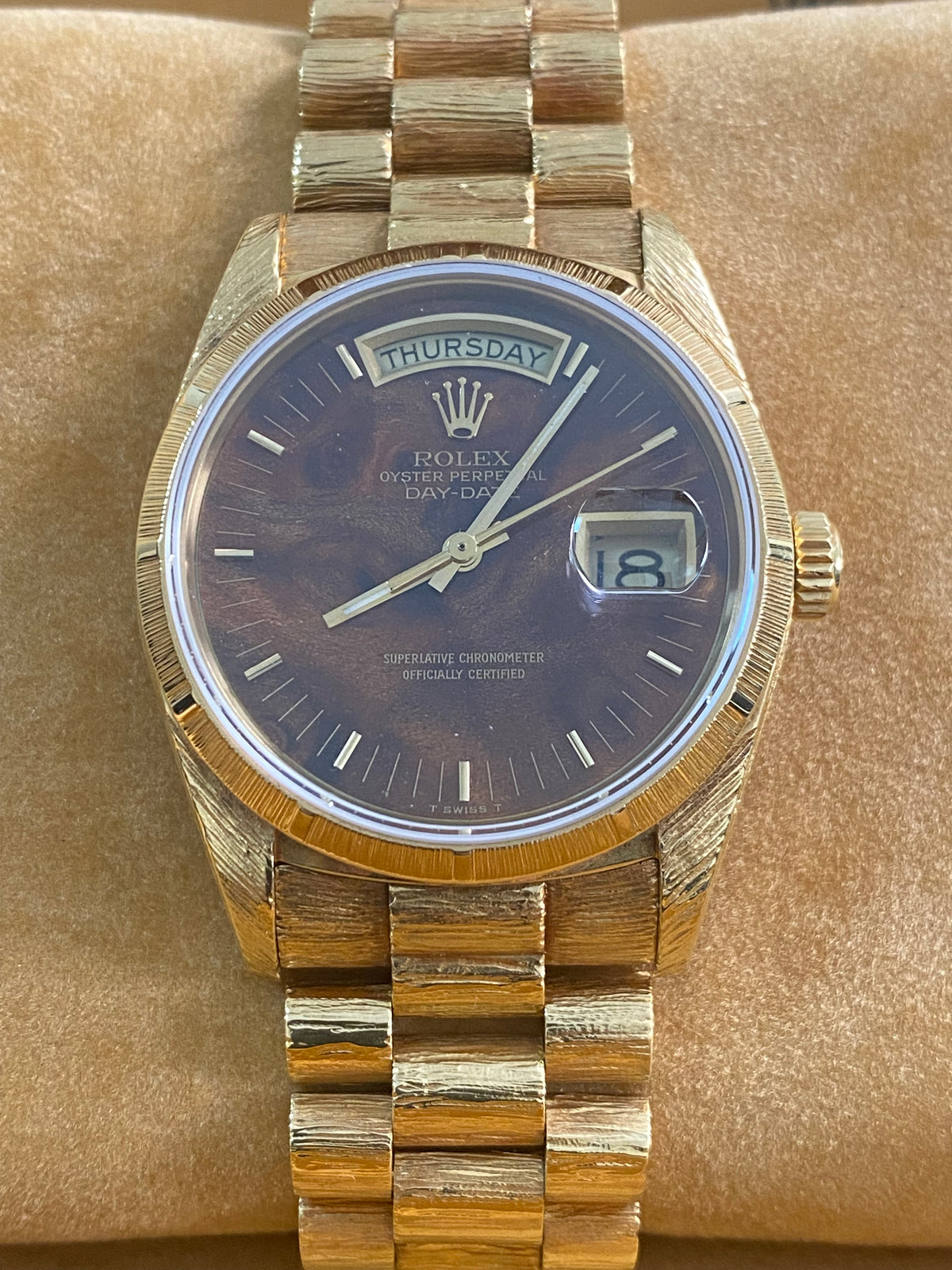 Rolex Yellow Gold Day-Date 36 - 1987 - Fluted Bezel - Wood Dial - Florentine Finish President Bracelet - 18038