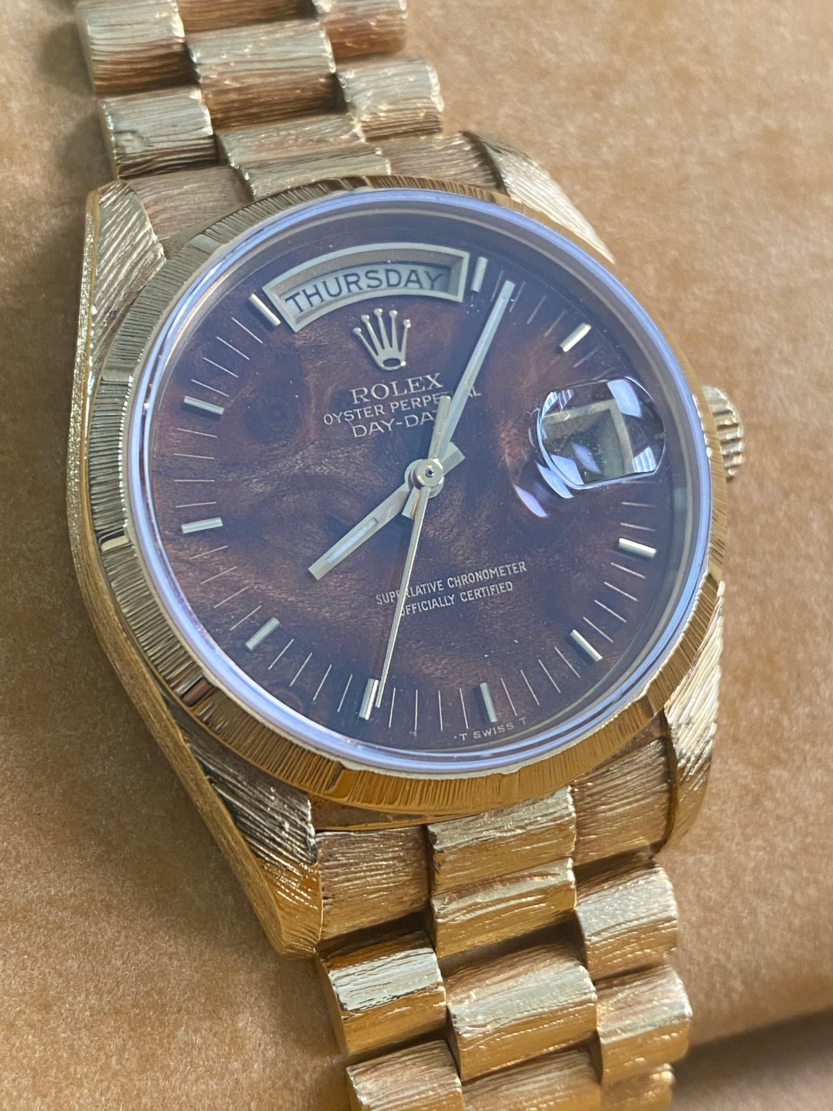 Rolex Yellow Gold Day-Date 36 - 1987 - Fluted Bezel - Wood Dial - Florentine Finish President Bracelet - 18038