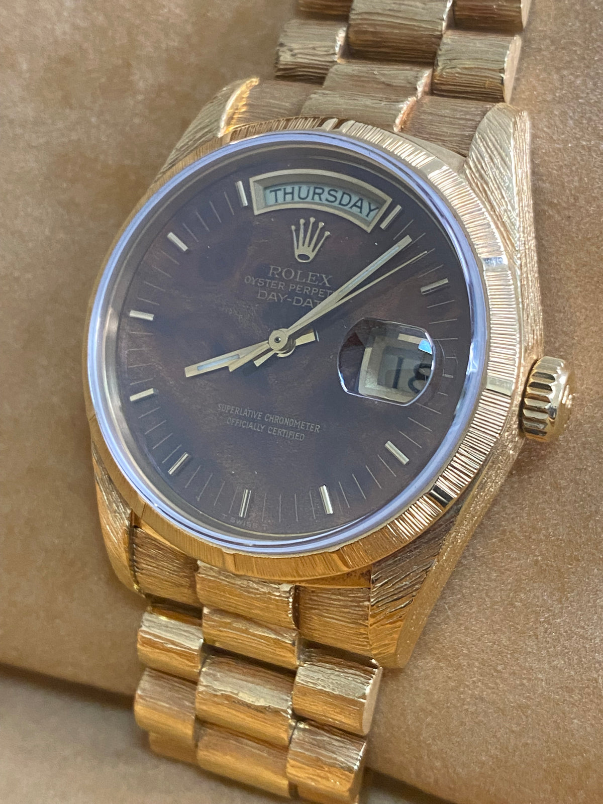 Rolex Yellow Gold Day-Date 36 - 1987 - Fluted Bezel - Wood Dial - Florentine Finish President Bracelet - 18038