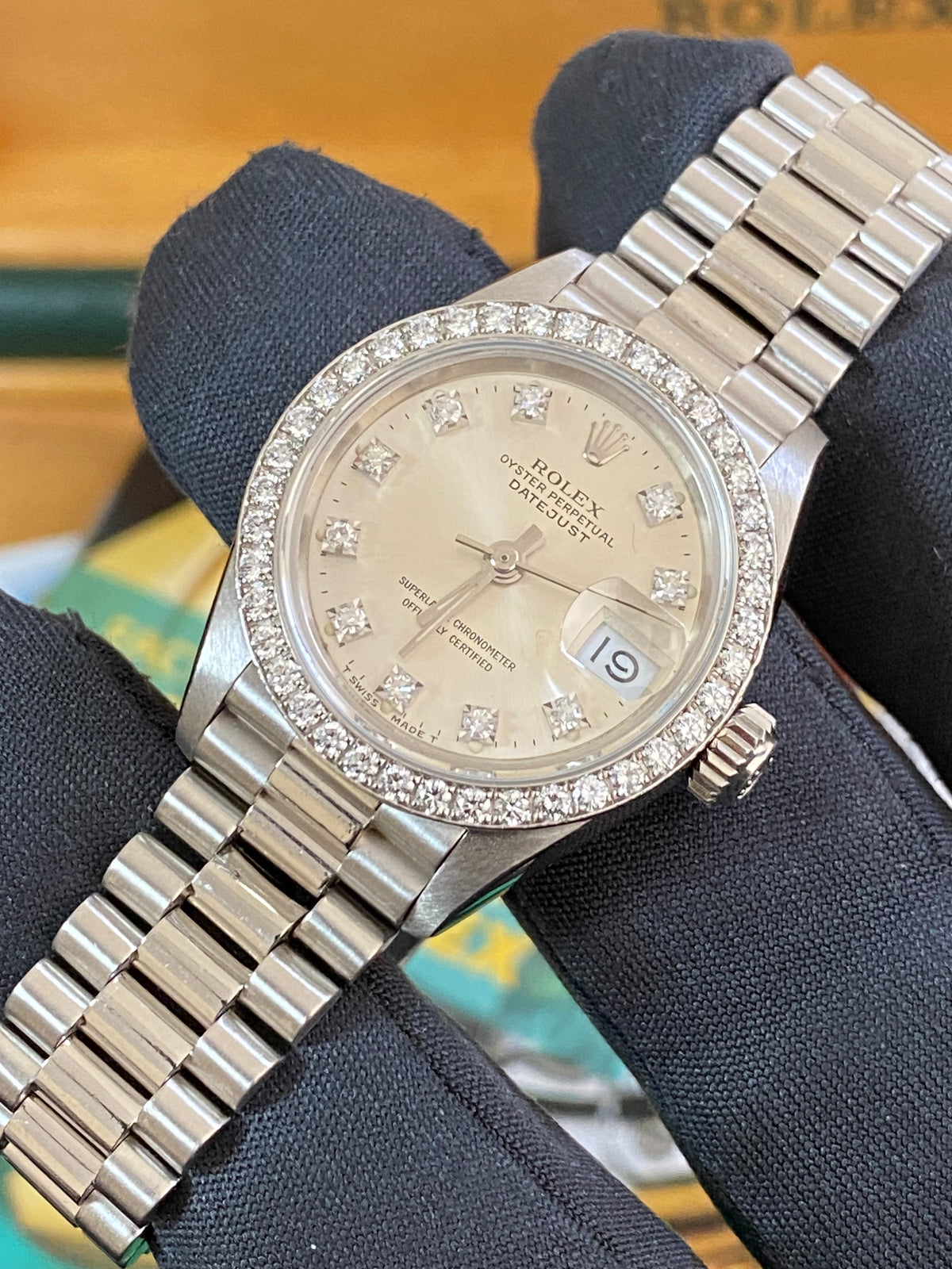 Rolex Platinum Lady-Datejust 26 - L serial - Diamond Bezel - Silver Diamond Dial - President Bracelet - 69136