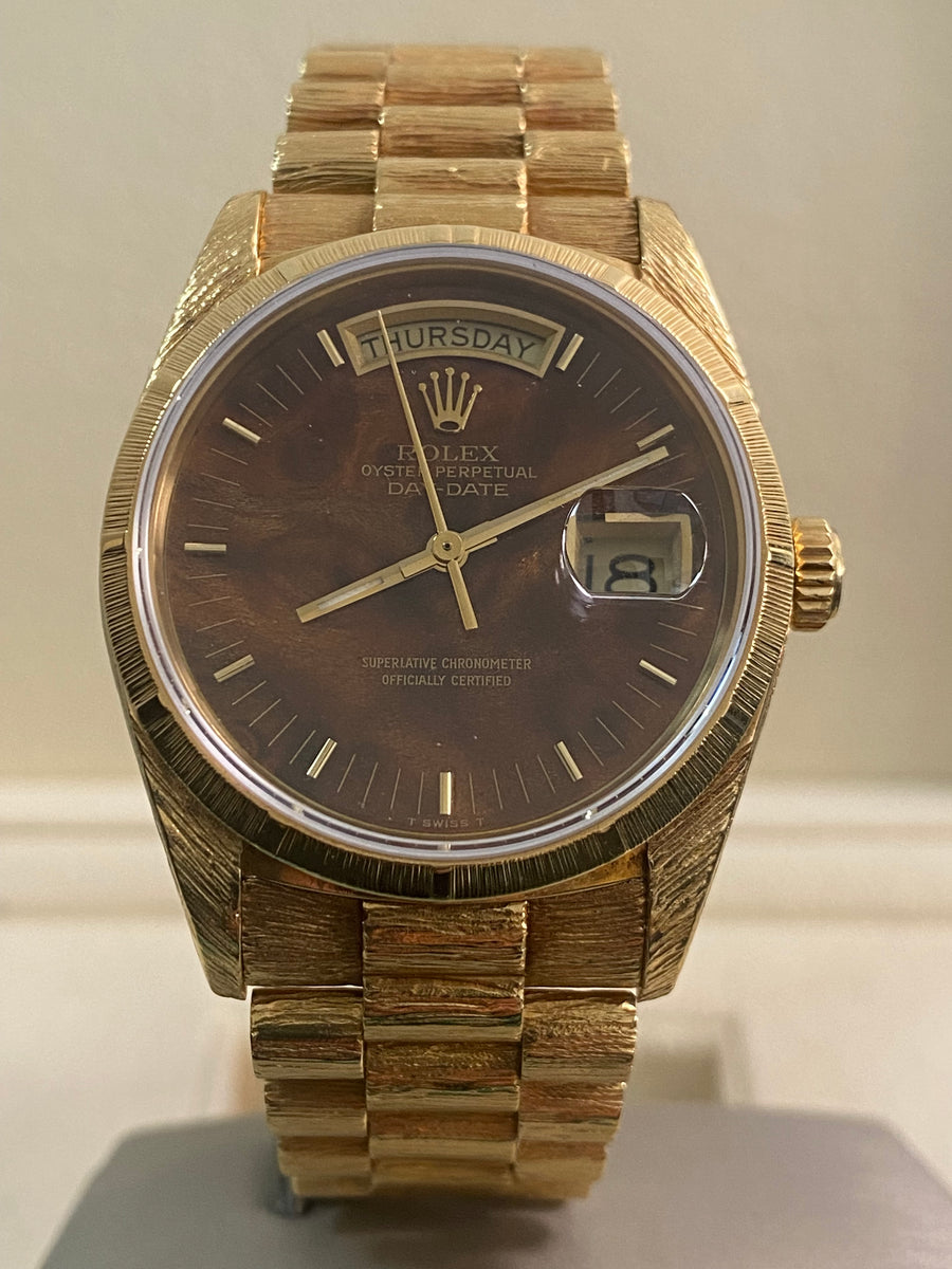 Rolex Yellow Gold Day-Date 36 - 1987 - Fluted Bezel - Wood Dial - Florentine Finish President Bracelet - 18038