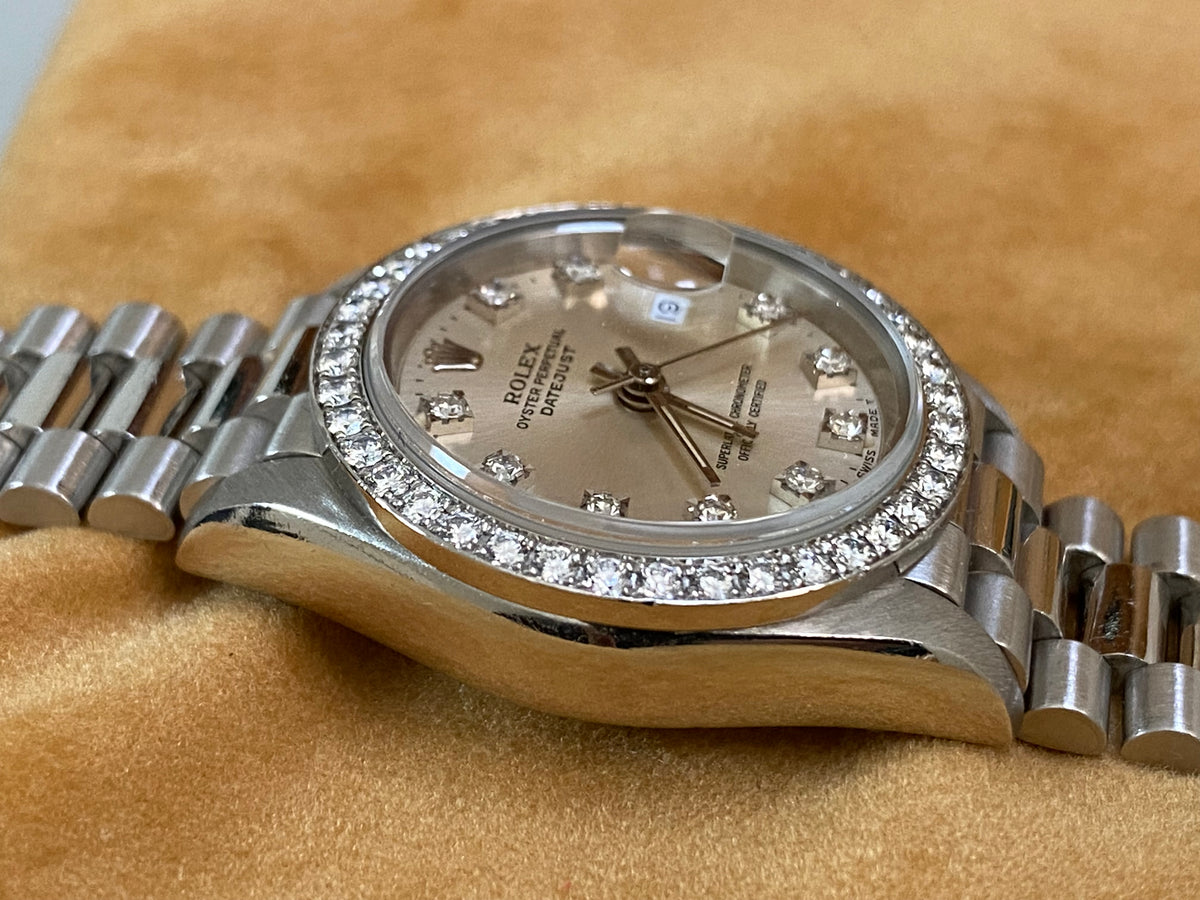 Rolex Platinum Lady-Datejust 26 - L serial - Diamond Bezel - Silver Diamond Dial - President Bracelet - 69136