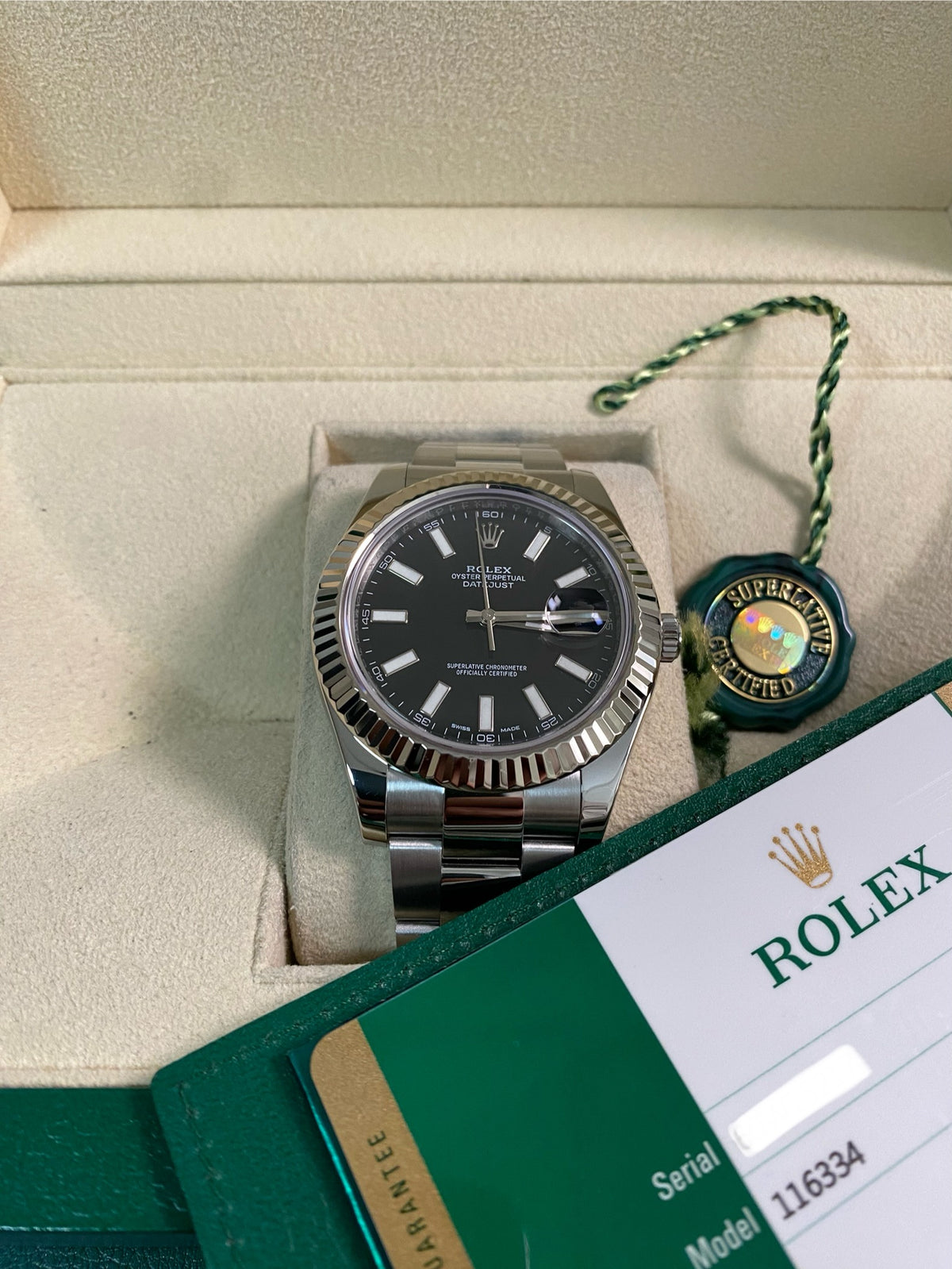 Rolex Steel Datejust II - 2016 - Fluted Bezel - Black Index Dial - Oyster Bracelet - 116334 *FULL SET*