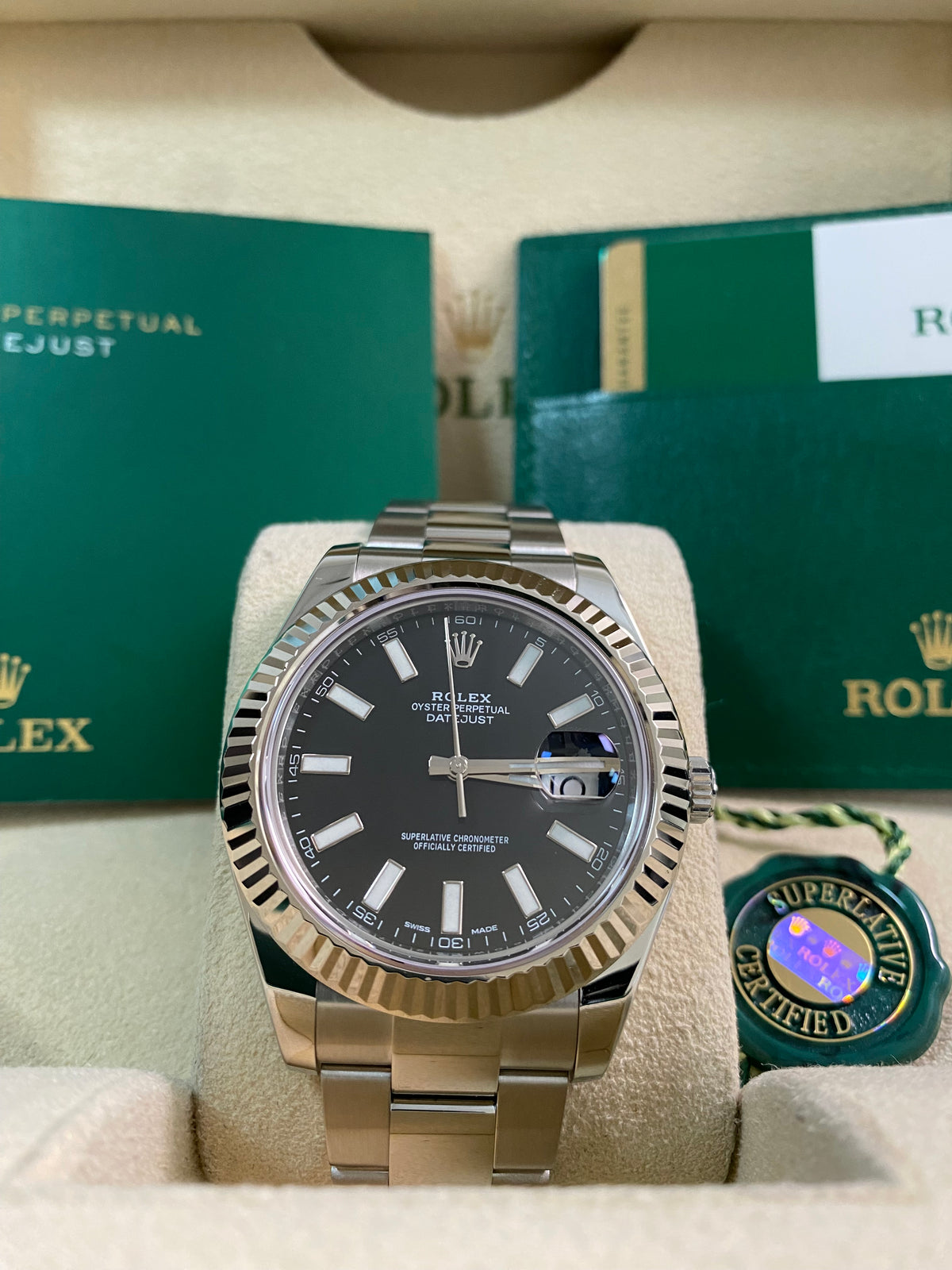 Rolex Steel Datejust II - 2016 - Fluted Bezel - Black Index Dial - Oyster Bracelet - 116334 *FULL SET*