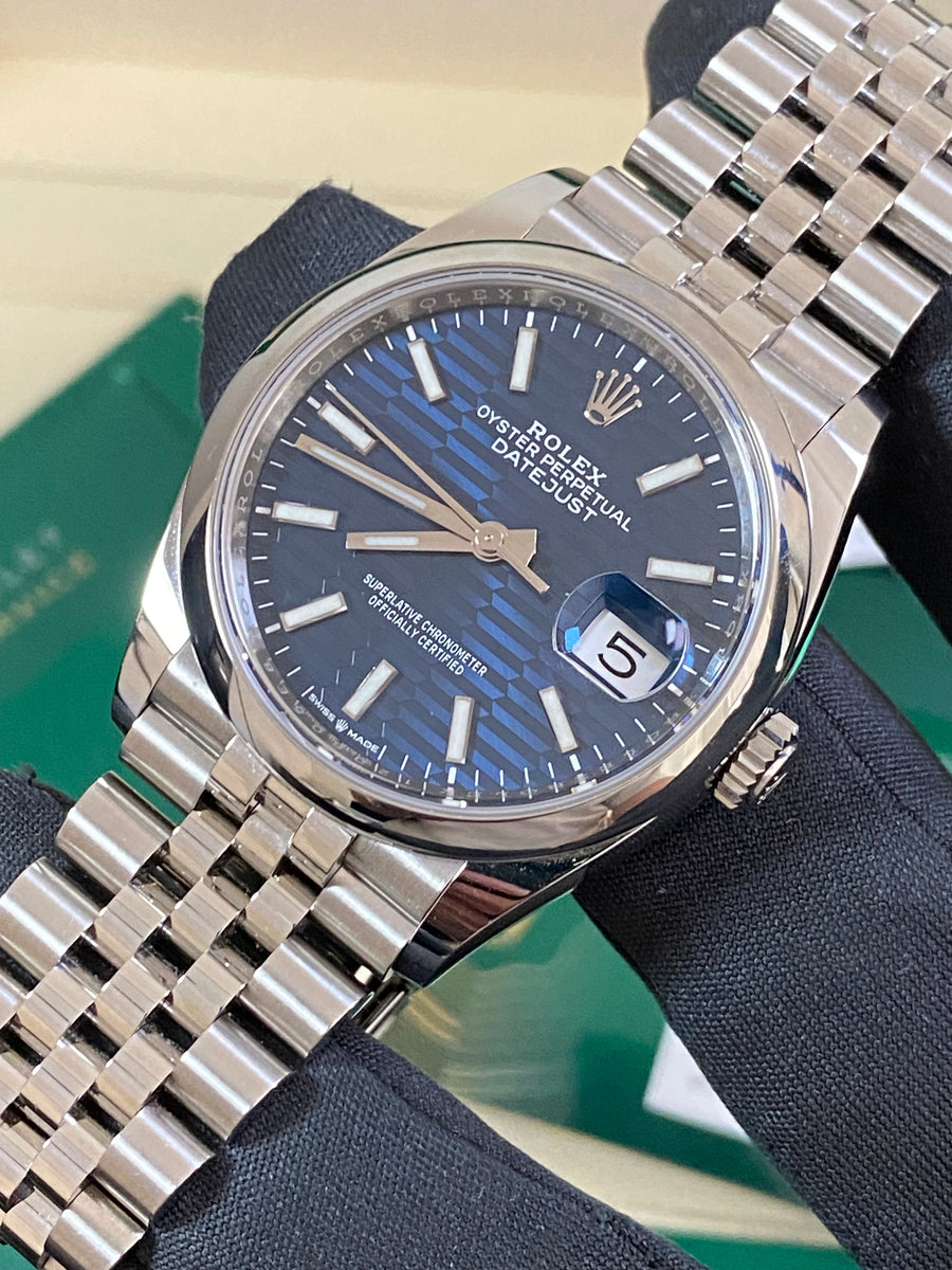 Rolex Steel Datejust 36 - 2022 - Smooth Bezel - Bright Blue Fluted-Motif Index Dial - Jubilee Bracelet - 126200 *FULL SET*