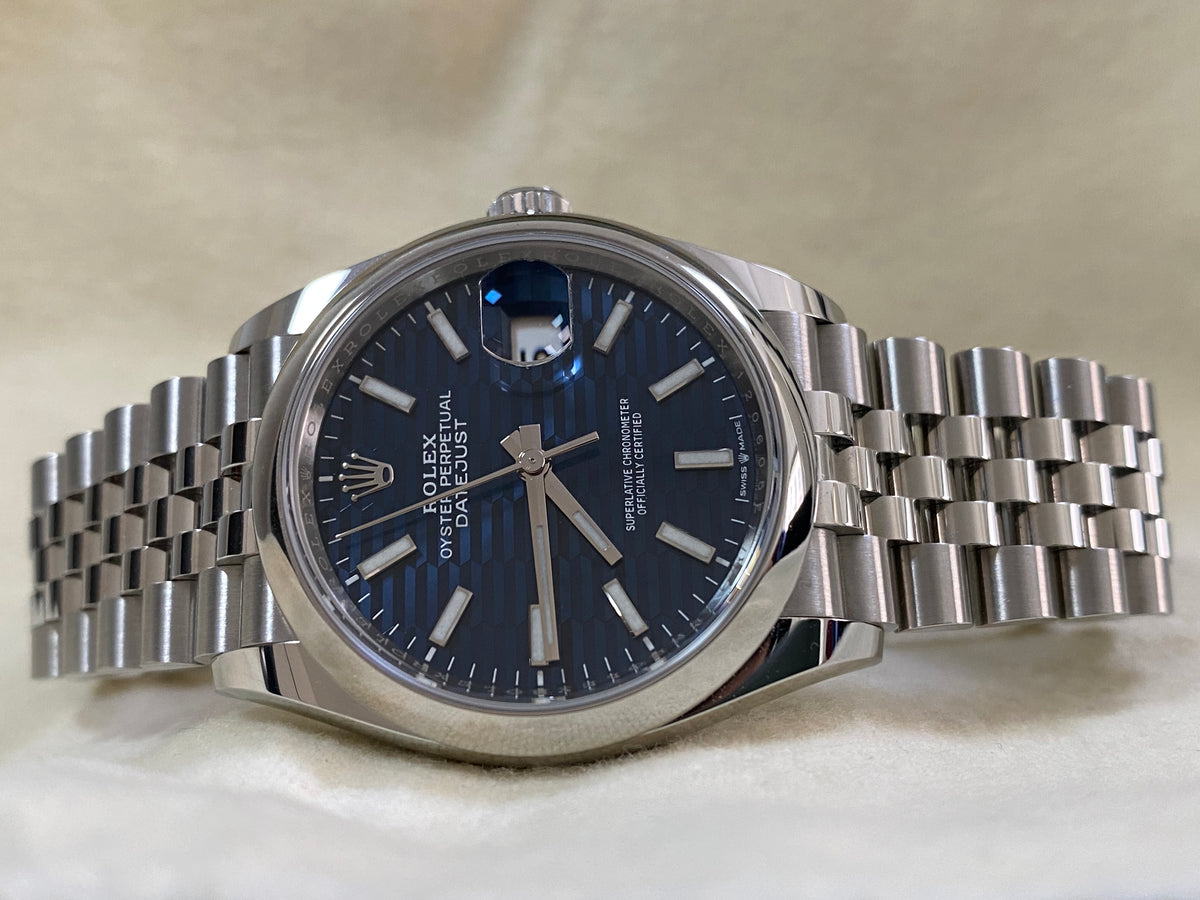 Rolex Steel Datejust 36 - 2022 - Smooth Bezel - Bright Blue Fluted-Motif Index Dial - Jubilee Bracelet - 126200 *FULL SET*