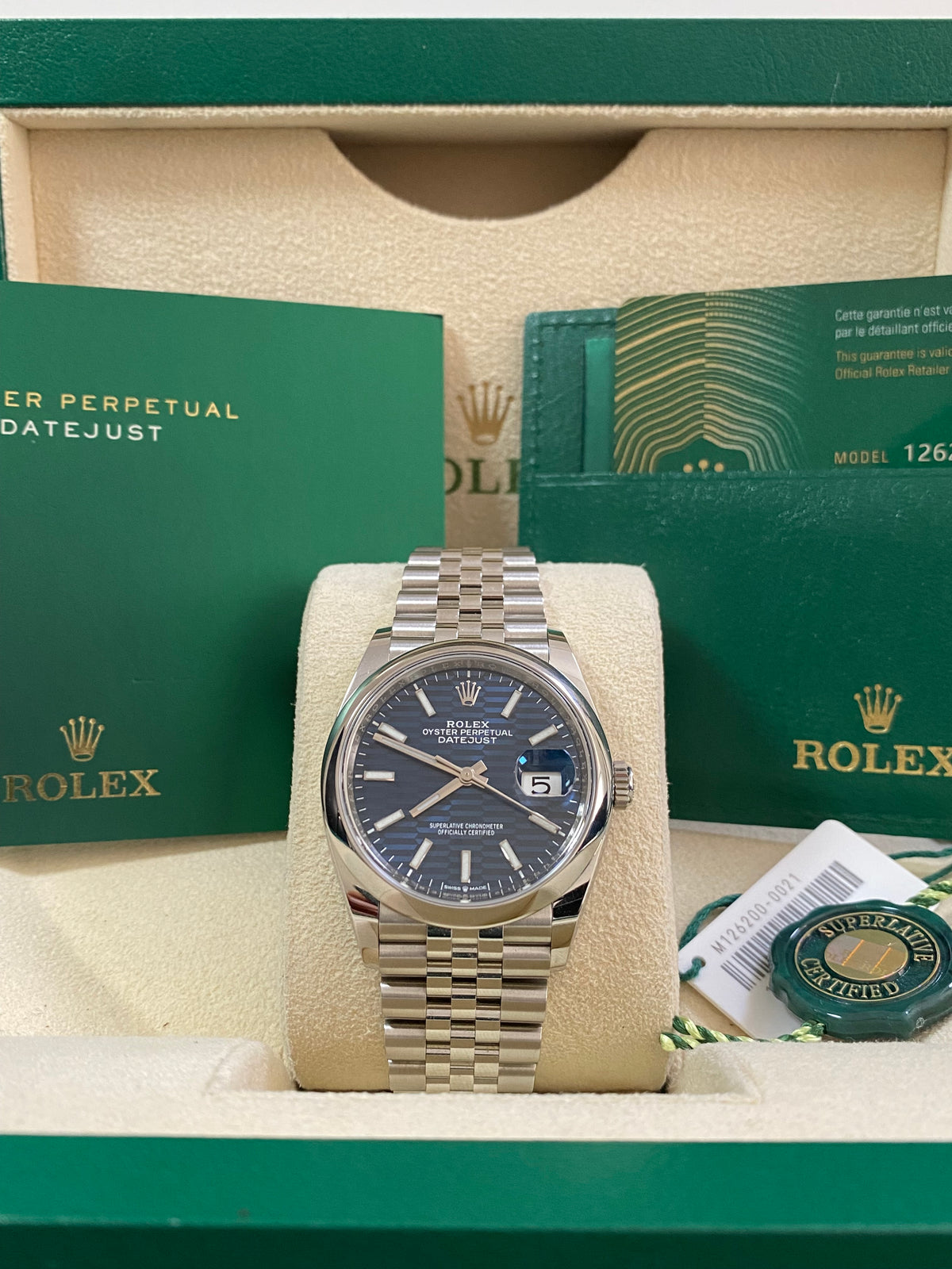 Rolex Steel Datejust 36 - 2022 - Smooth Bezel - Bright Blue Fluted-Motif Index Dial - Jubilee Bracelet - 126200 *FULL SET*