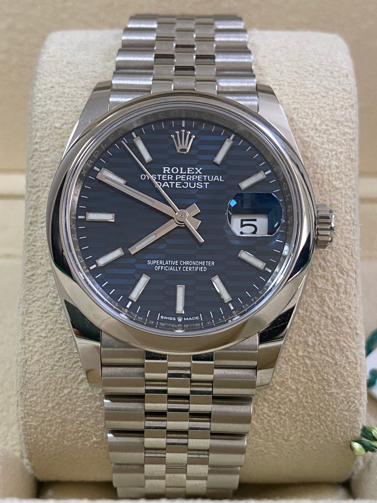 Rolex Steel Datejust 36 - 2022 - Smooth Bezel - Bright Blue Fluted-Motif Index Dial - Jubilee Bracelet - 126200 *FULL SET*