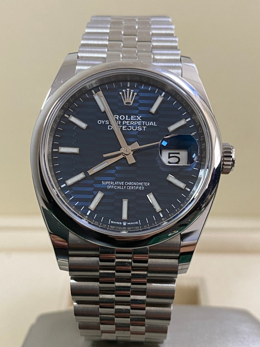 Rolex Steel Datejust 36 - 2022 - Smooth Bezel - Bright Blue Fluted-Motif Index Dial - Jubilee Bracelet - 126200 *FULL SET*