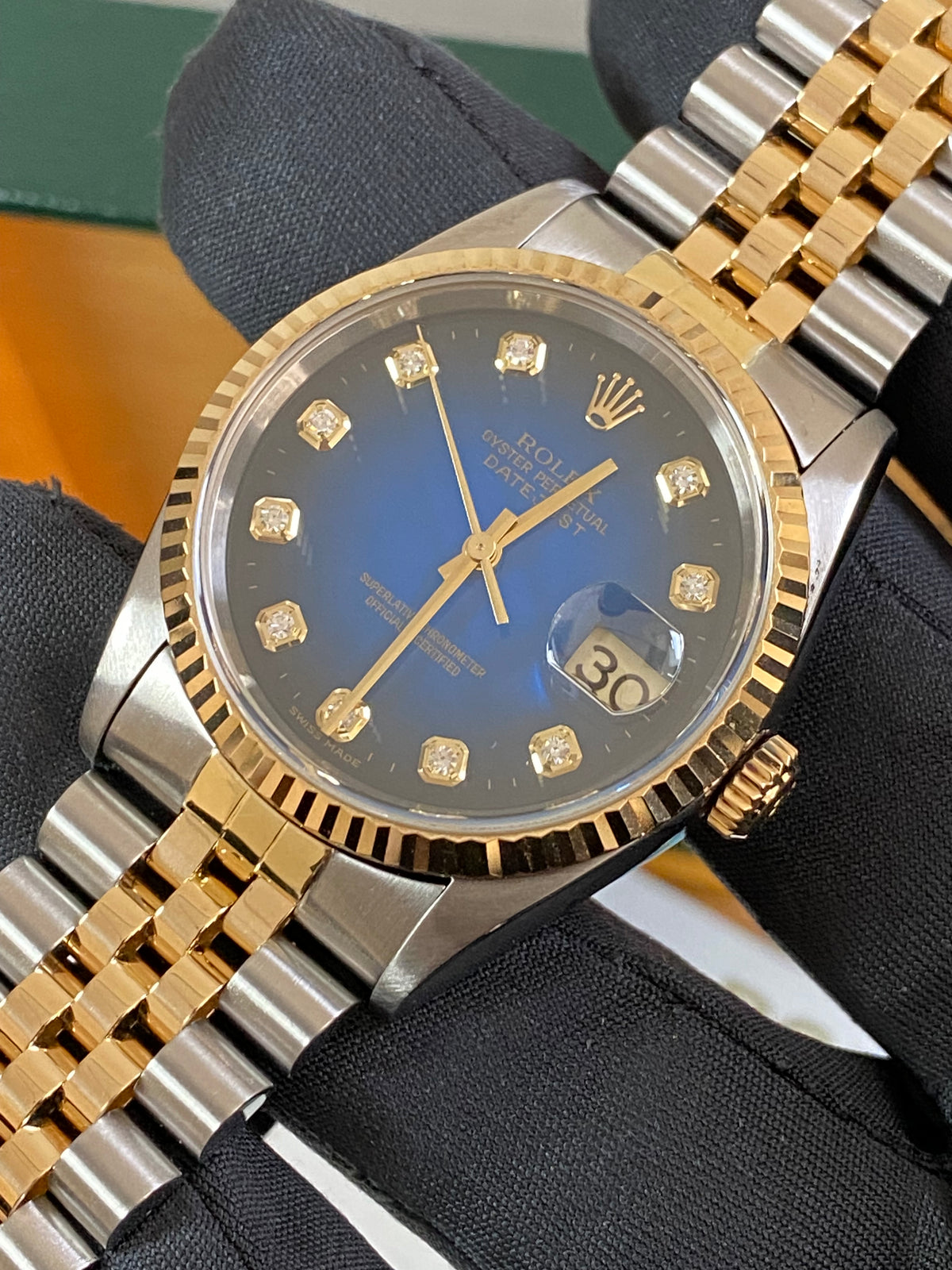 Rolex Steel and Yellow Gold Datejust 36 - T serial - Fluted Bezel - Blue Vignette Diamond Dial - Jubilee Bracelet - 16233