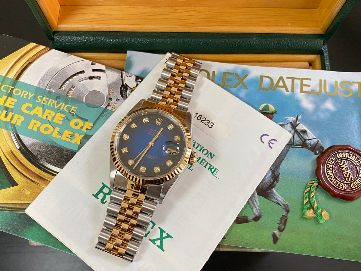 Rolex Steel and Yellow Gold Datejust 36 - T serial - Fluted Bezel - Blue Vignette Diamond Dial - Jubilee Bracelet - 16233