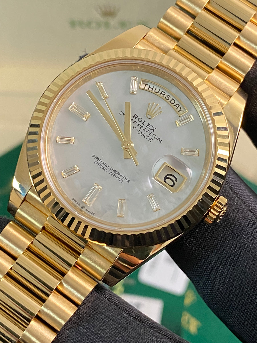 Rolex Yellow Gold Day-Date 40 - 2025 - Fluted Bezel - Mother-of-Pearl Baguette Dial - President Bracelet - 228238 *FULL SET*