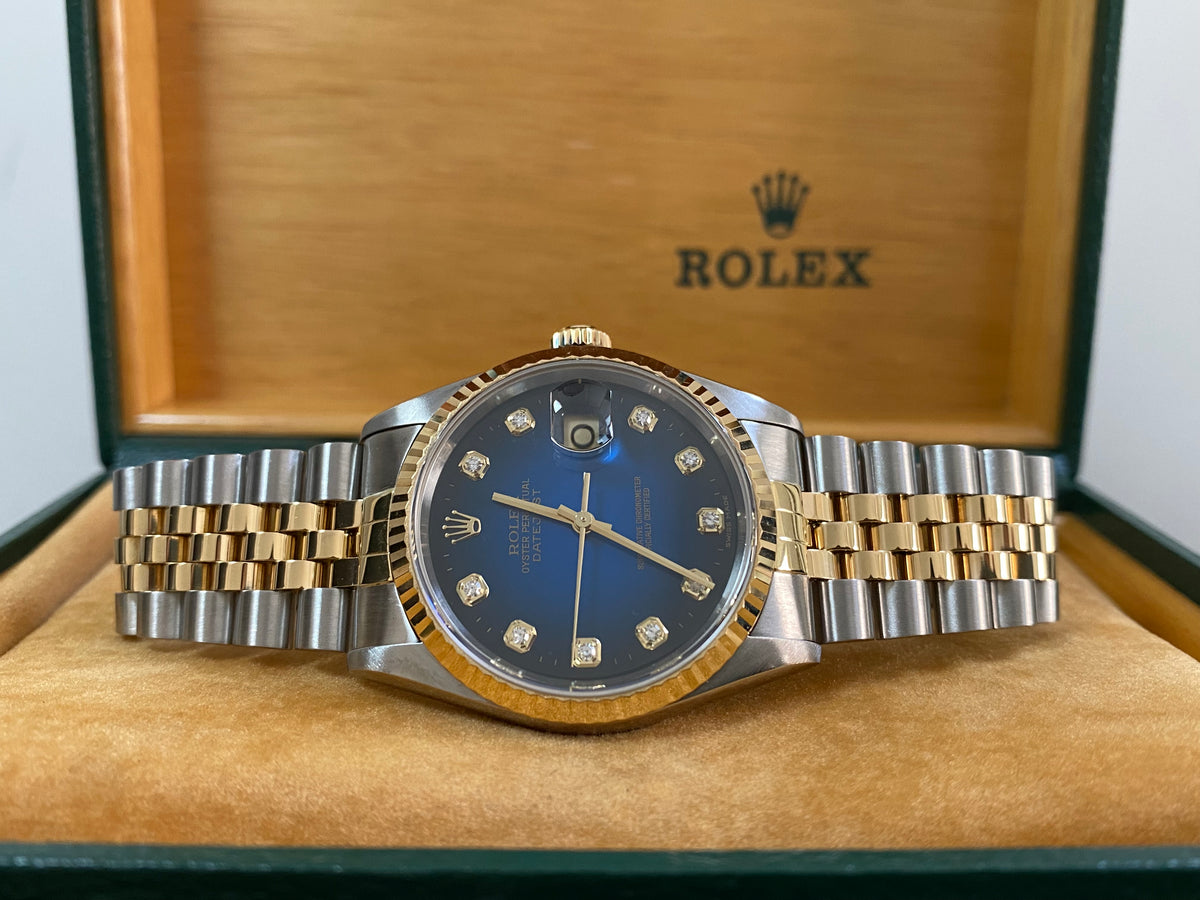 Rolex Steel and Yellow Gold Datejust 36 - T serial - Fluted Bezel - Blue Vignette Diamond Dial - Jubilee Bracelet - 16233